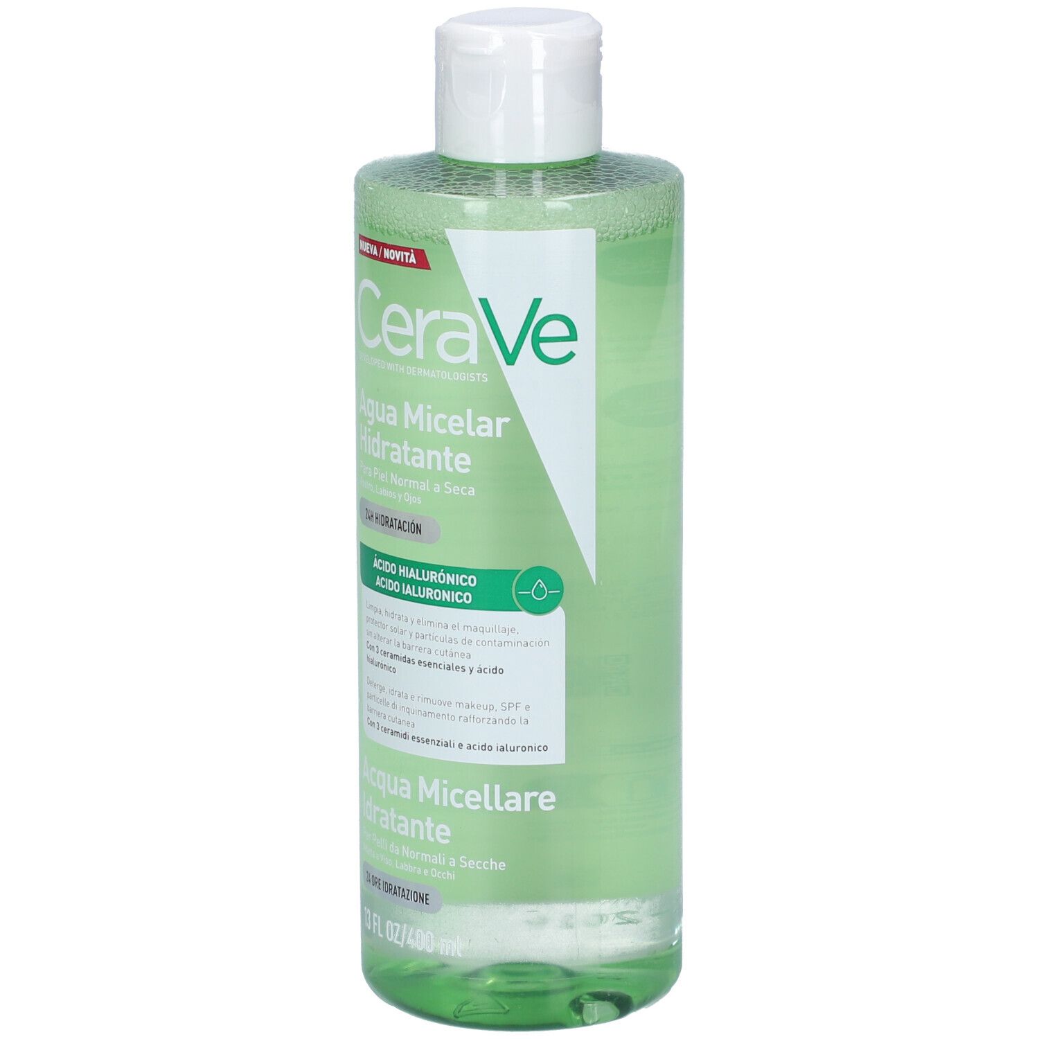 CeraVe Agua Micelar Hidratante, flacone da 400ml con tappo bianco. Liquido limpido con accento verde.