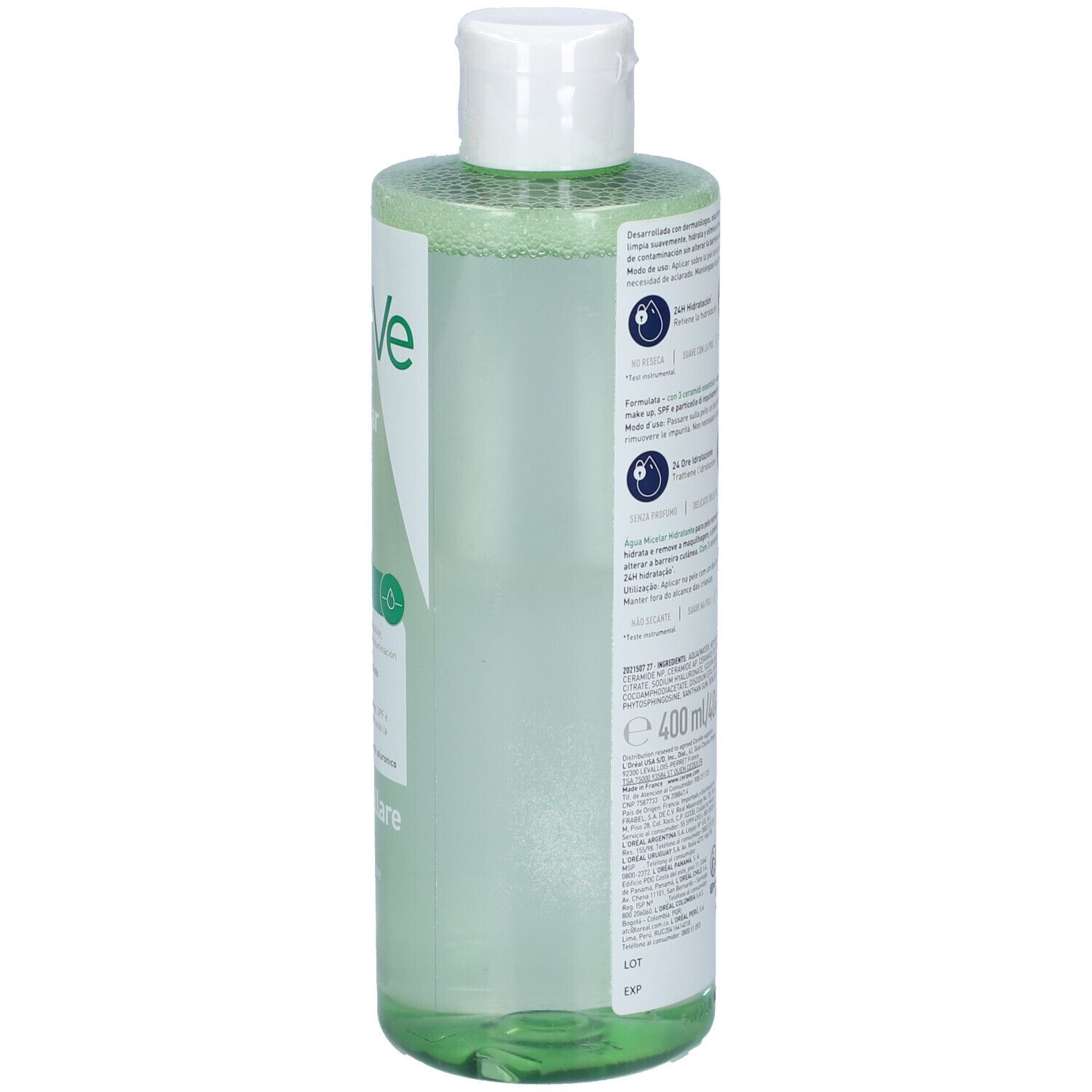 CeraVe Agua Micelar Hidratante, vista laterale di un flacone da 400ml. Liquido limpido con accento verde.
