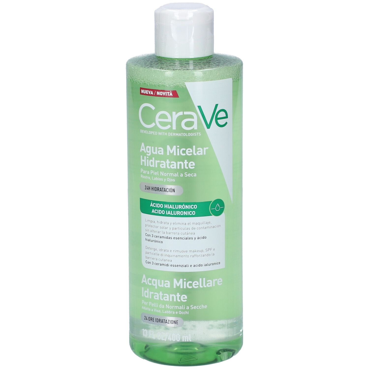 CeraVe Agua Micelar Hidratante, flacone da 400ml con tappo bianco. Liquido limpido con accento verde.