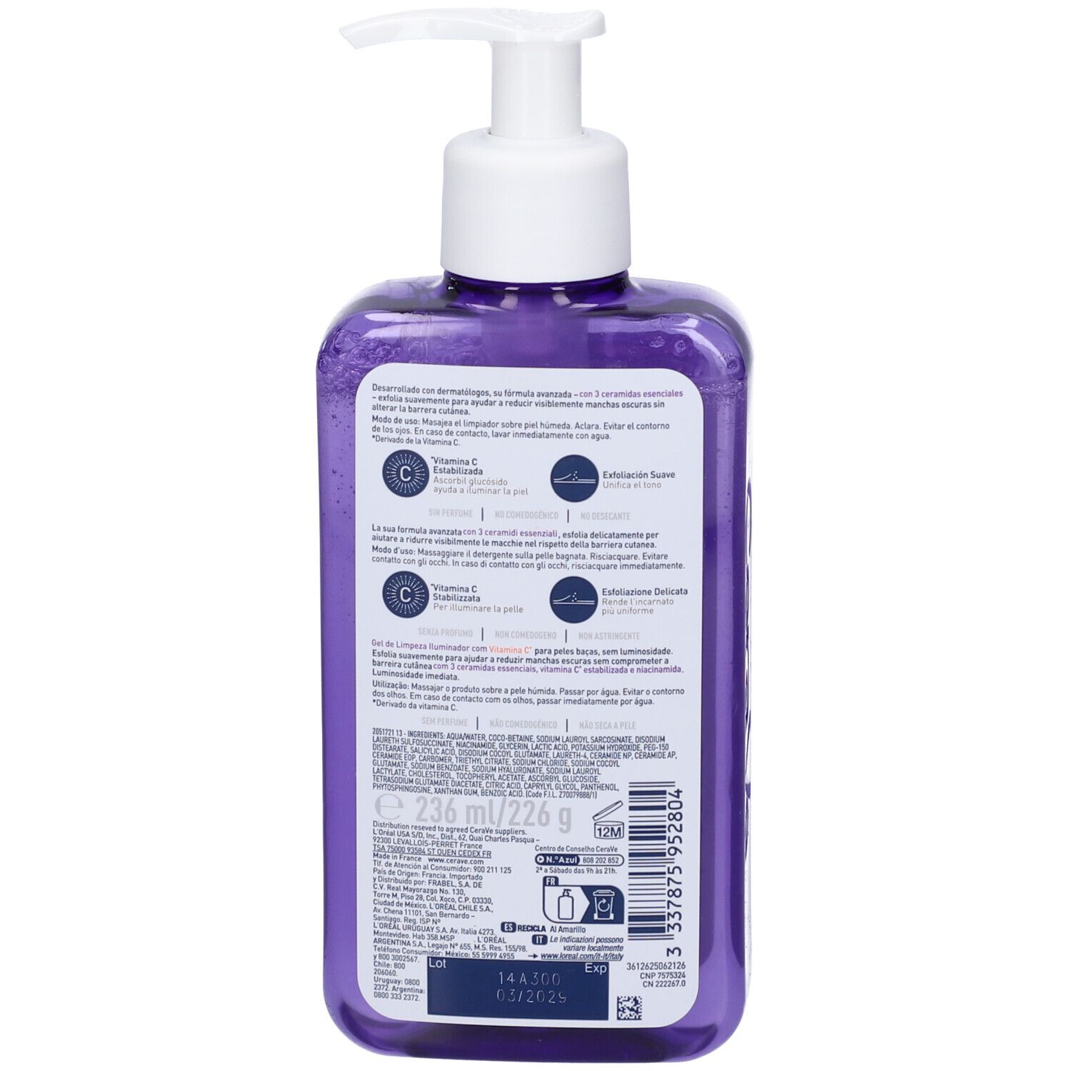 Retro di un flacone viola con pompa contenente detergente CeraVe con Vitamina C. Contiene 236 ml.