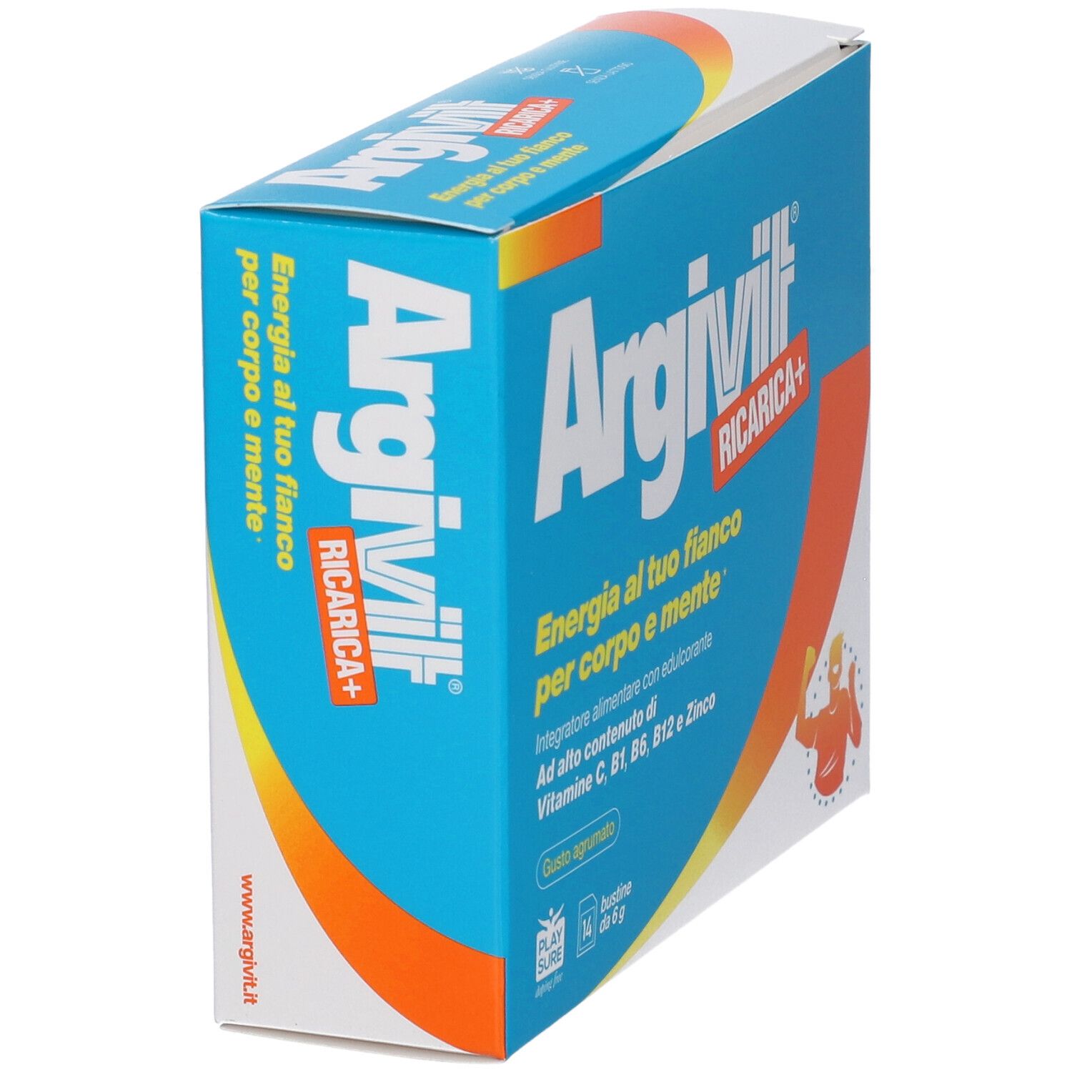 Confezione Argivit Ricarica+, vista laterale. Contiene vitamine e zinco per corpo e mente.
