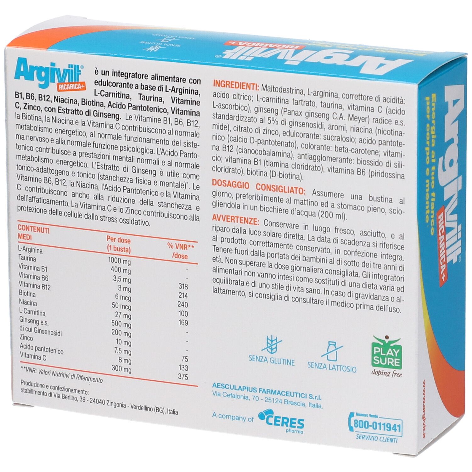 Retro della confezione Argivit Ricarica+ con informazioni nutrizionali e ingredienti.