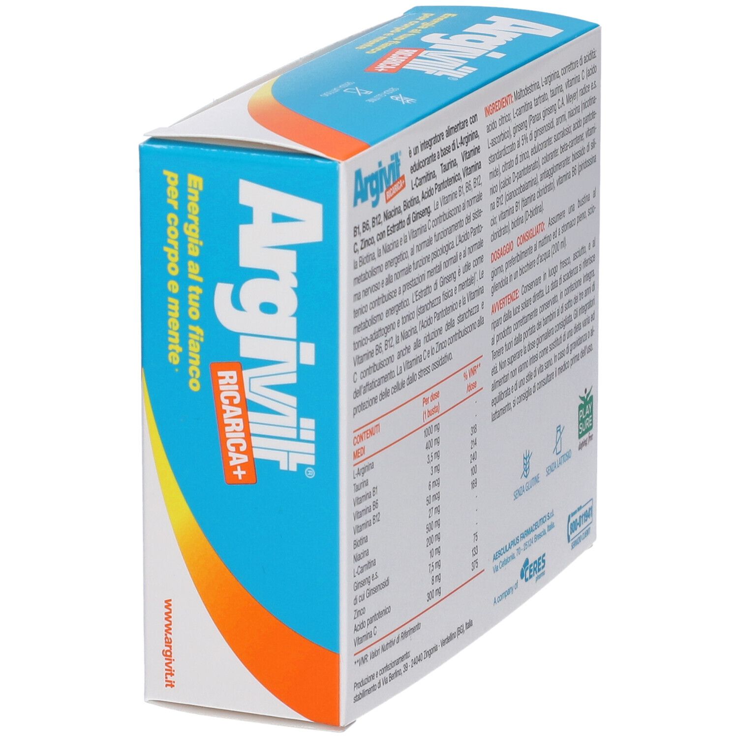 Vista laterale della confezione Argivit Ricarica+. Contiene vitamine e zinco per corpo e mente.