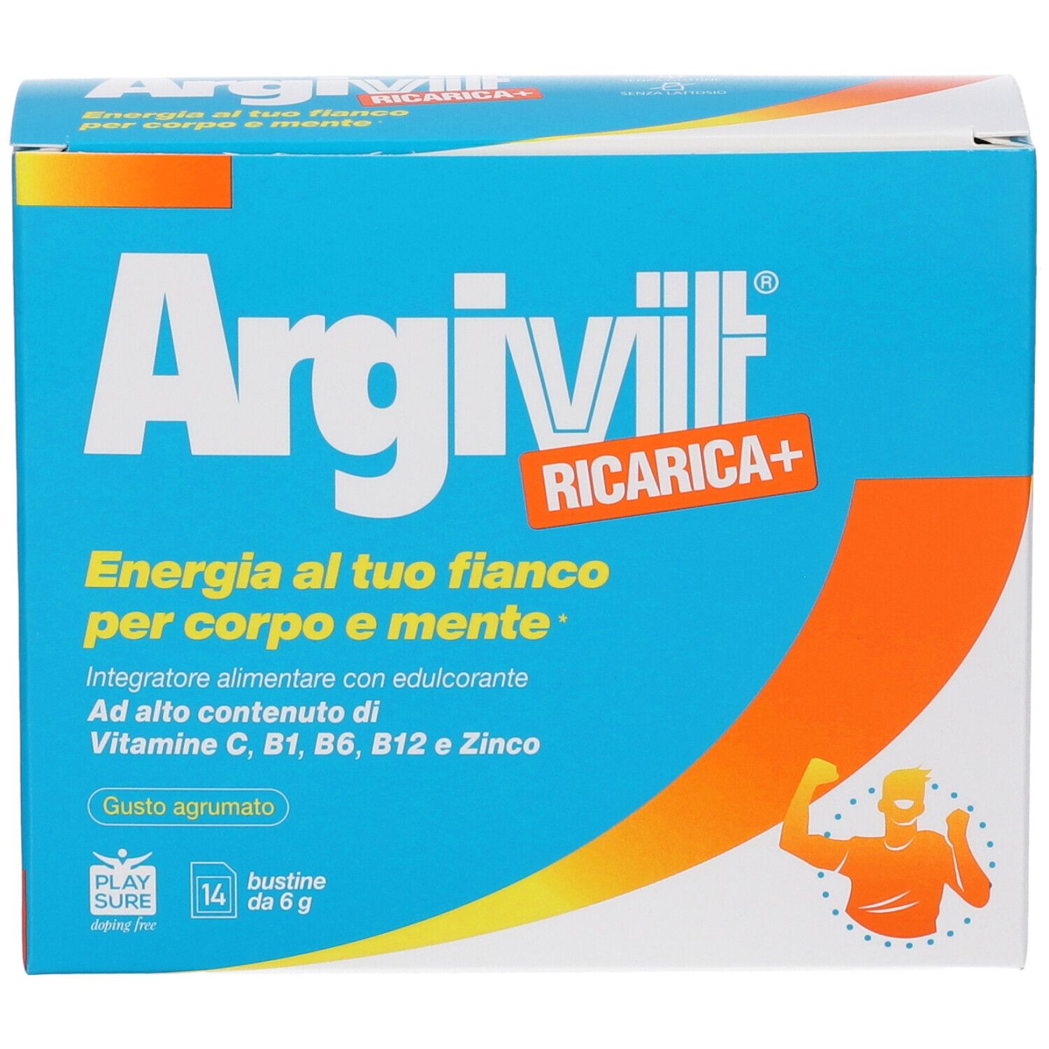 Confezione Argivit Ricarica+ da 14 bustine, gusto agrumato. Contiene vitamine e zinco.