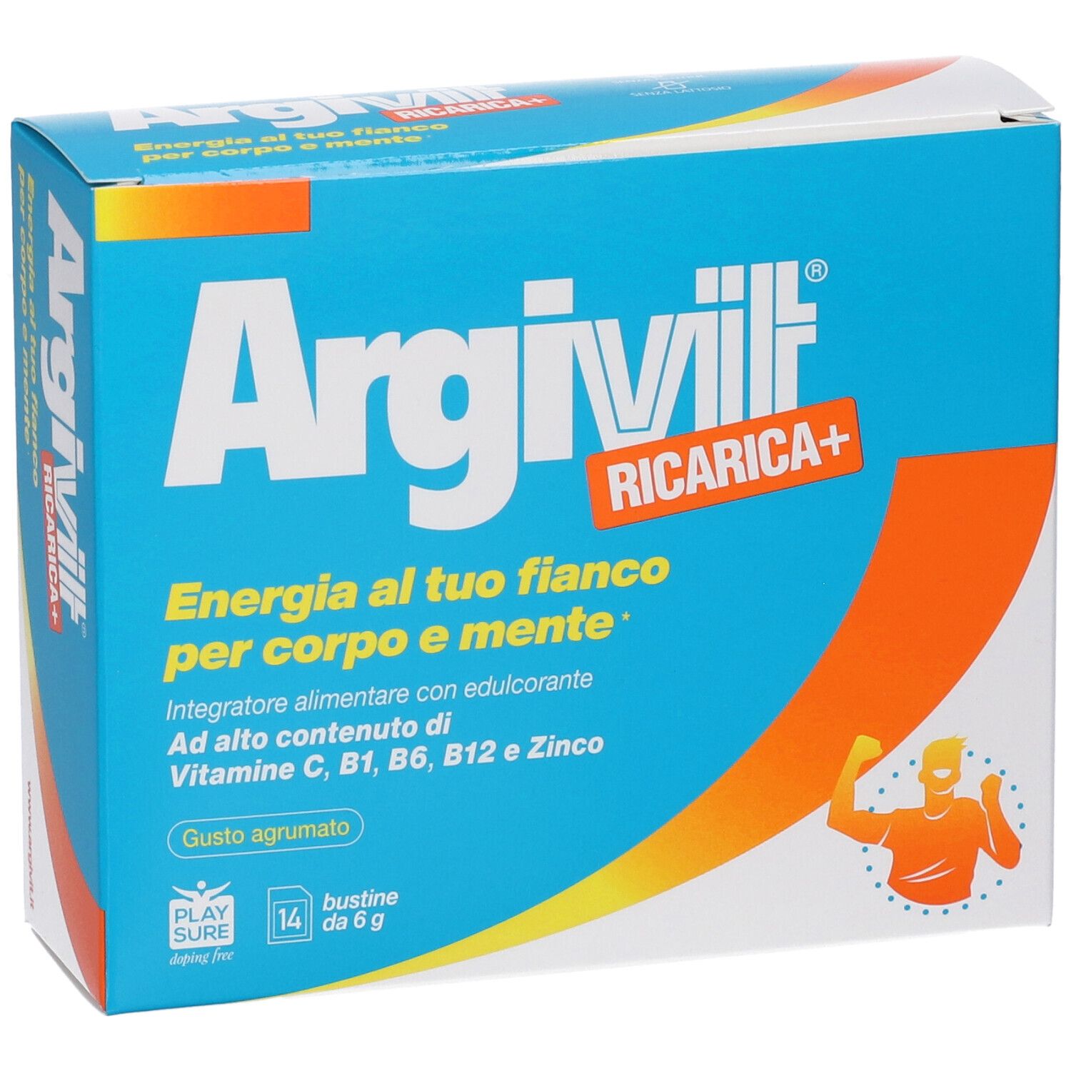 Confezione Argivit Ricarica+ da 14 bustine, gusto agrumato. Contiene vitamine e zinco.