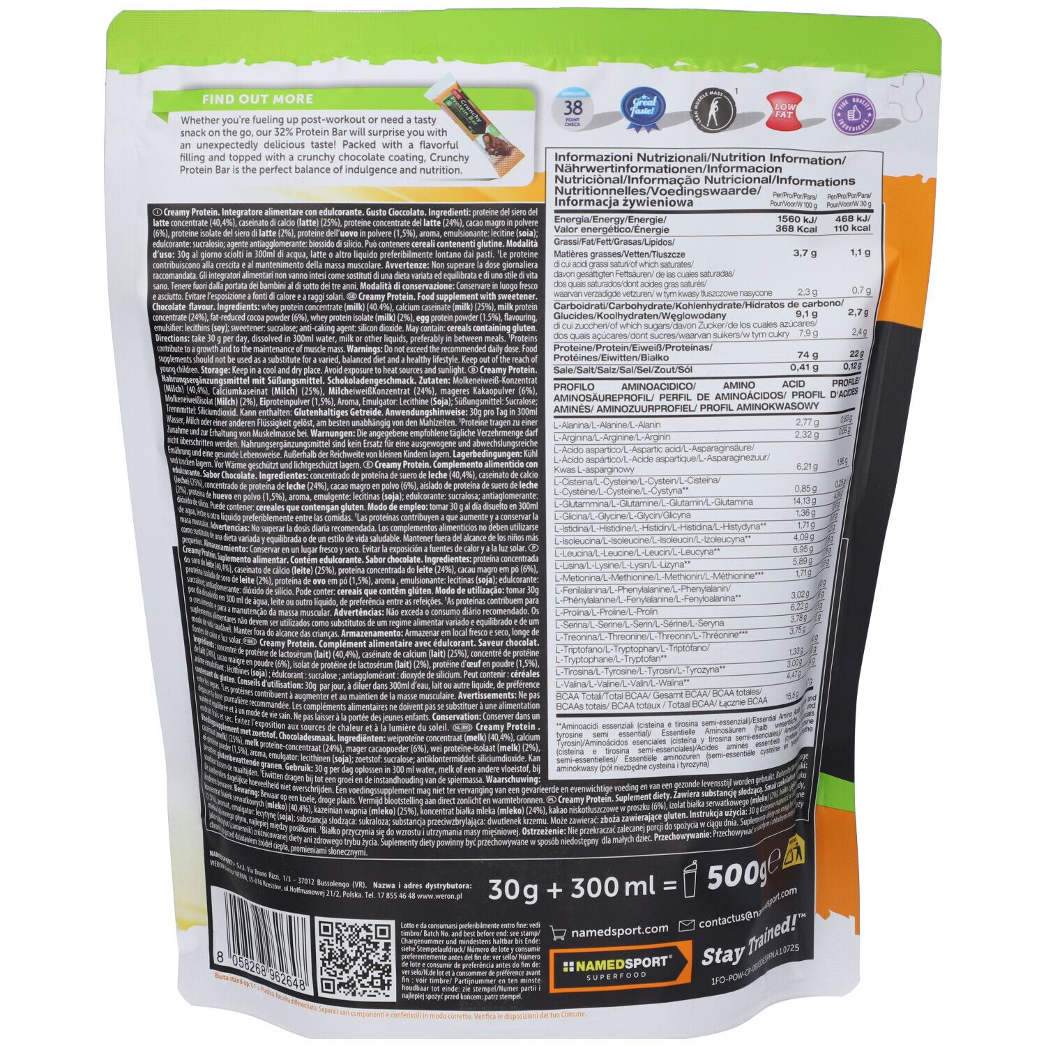 Retro della confezione. Contiene testo e informazioni nutrizionali. Marchio: NamedSport.