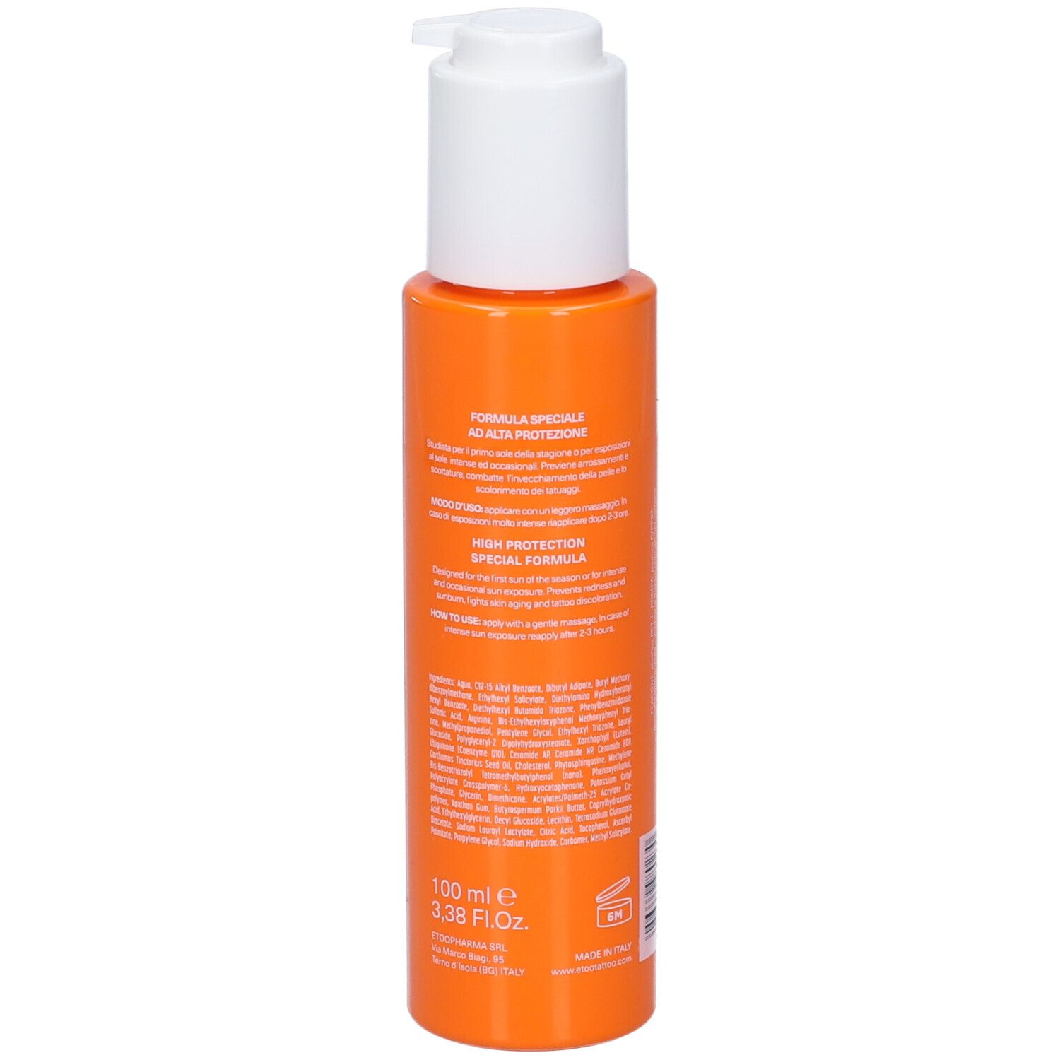 Flacone arancione con erogatore bianco. Testo sul retro. Volume: 100 ml.