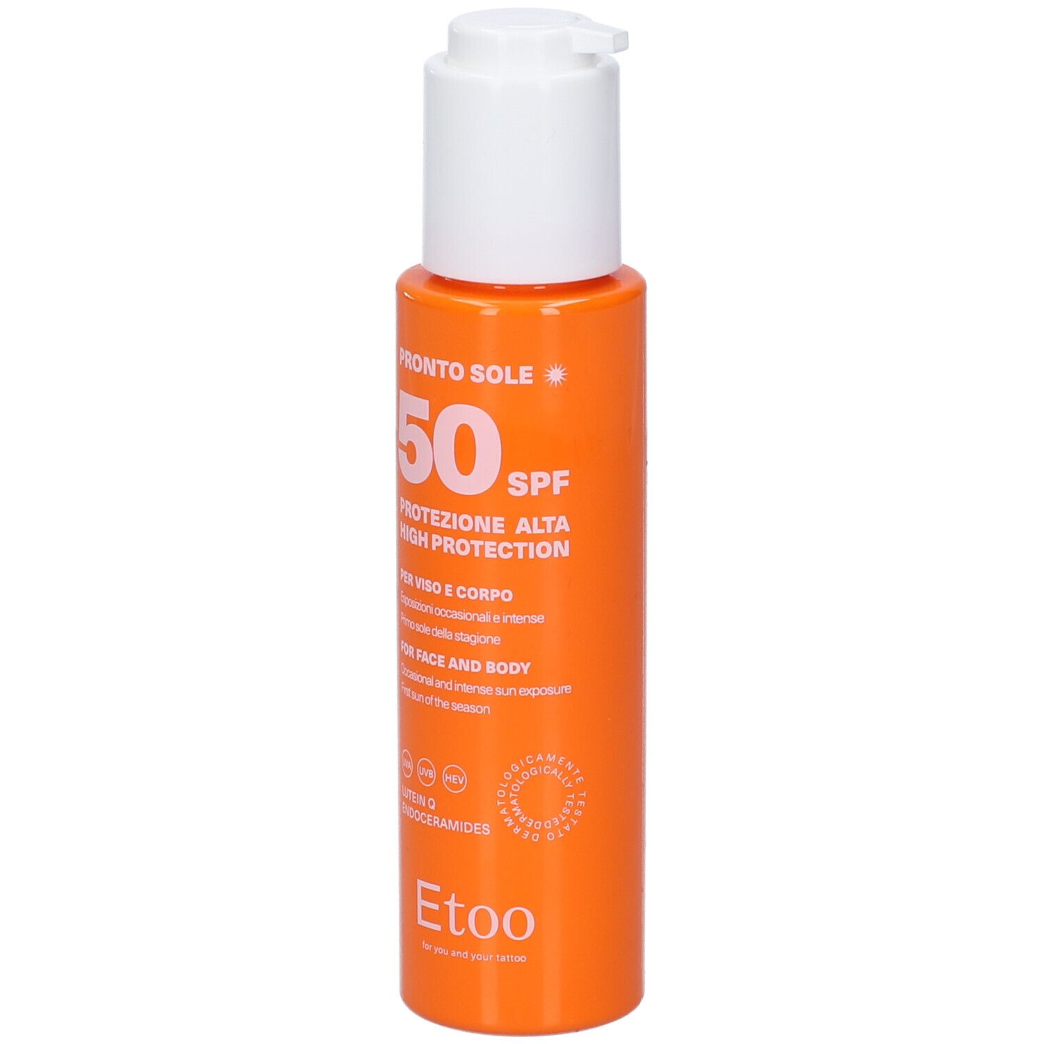 Flacone arancione con erogatore bianco. Scritte: PRONTO SOLE 50 SPF, Protezione Alta High Protection. Marchio: Etoo.