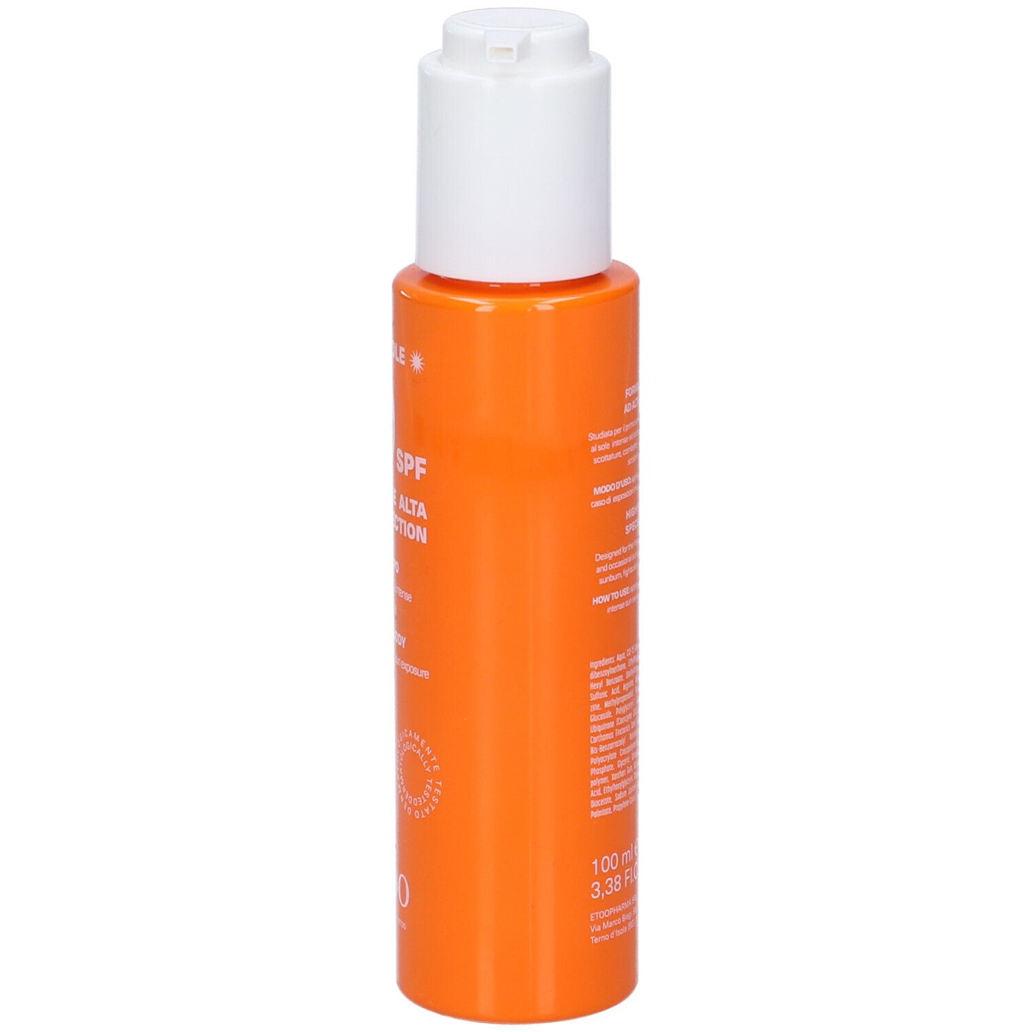Flacone arancione con erogatore bianco. Testo sul retro. Volume: 100 ml.