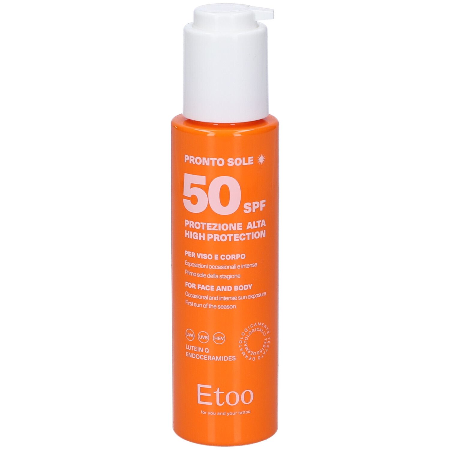 Flacone arancione con erogatore bianco. Scritte: PRONTO SOLE 50 SPF, Protezione Alta High Protection. Marchio: Etoo.