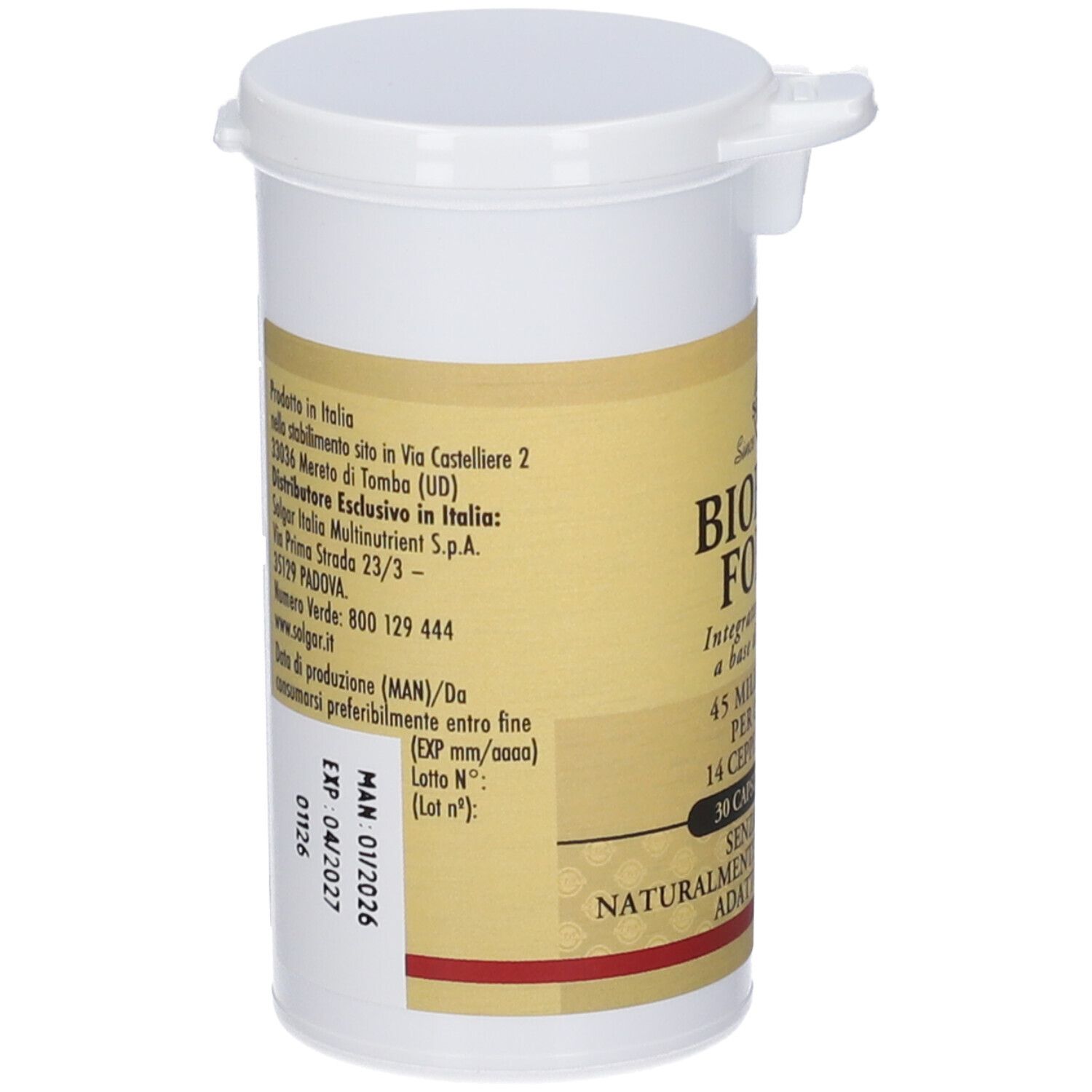 Contenitore bianco con coperchio. Scritta BIOFLOR FORTE, SOLGAR. Contiene 30 capsule. Dettagli sull'etichetta.