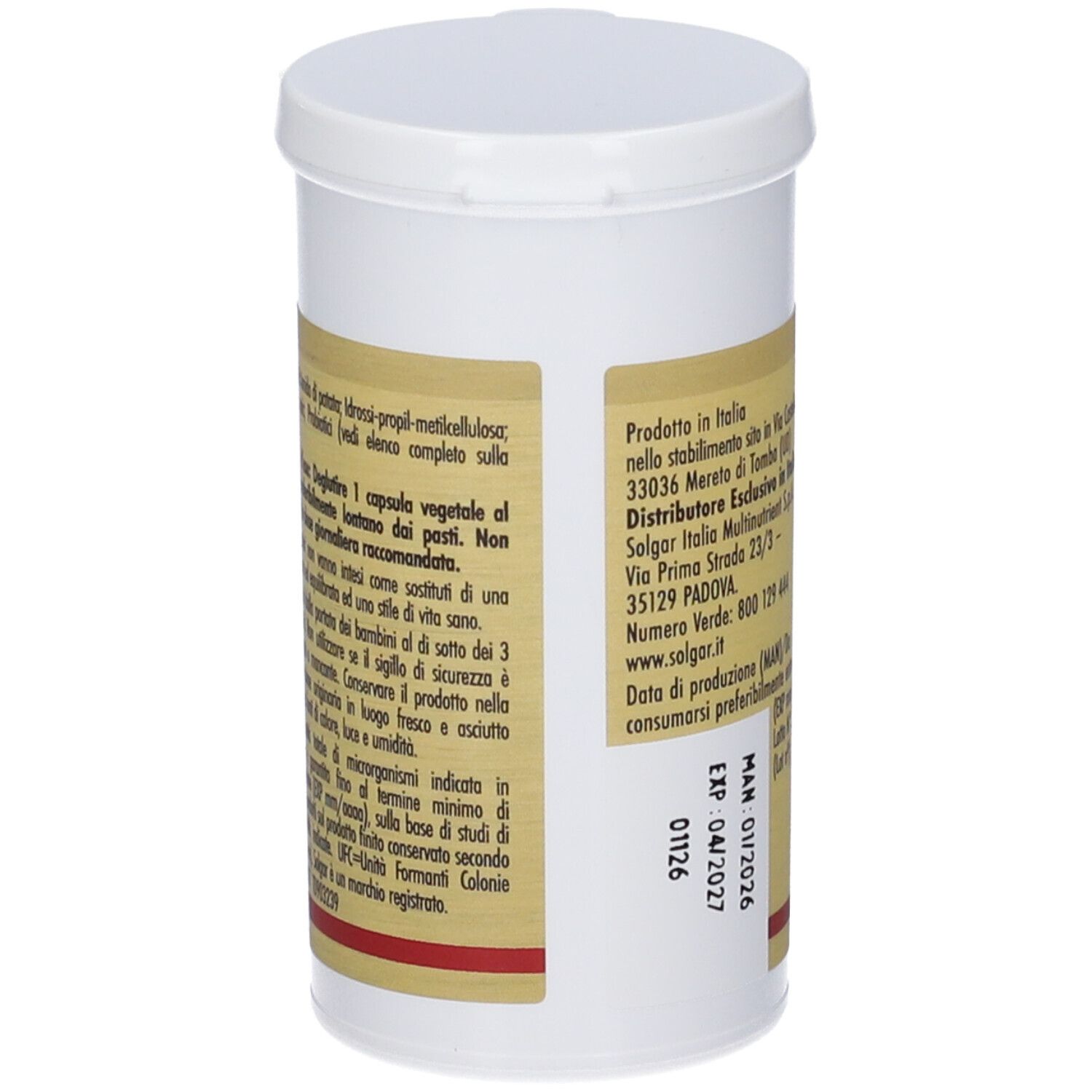 Contenitore bianco con coperchio. Scritta BIOFLOR FORTE, SOLGAR. Dettagli sull'etichetta.