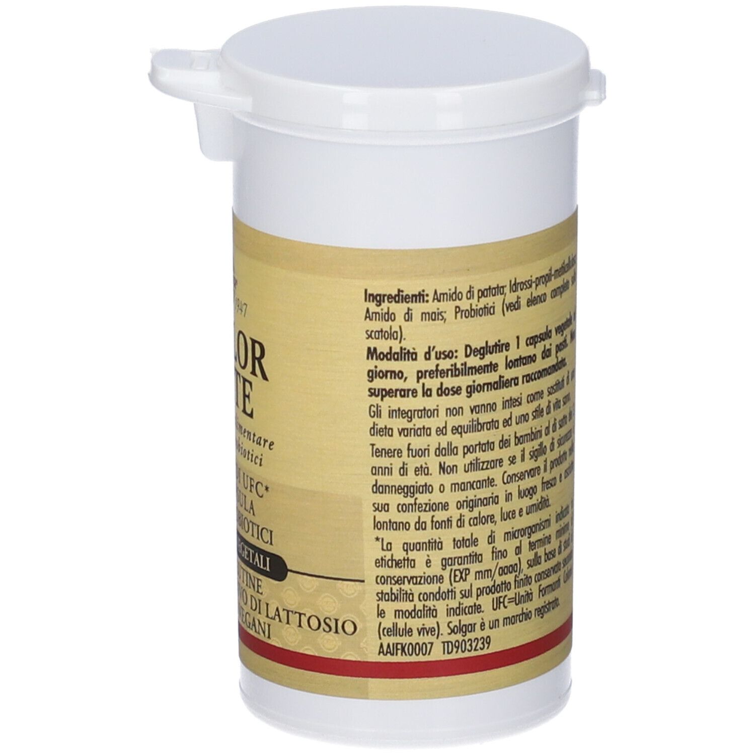 Contenitore bianco con coperchio. Scritta BIOFLOR FORTE, SOLGAR. Dettagli sull'etichetta.