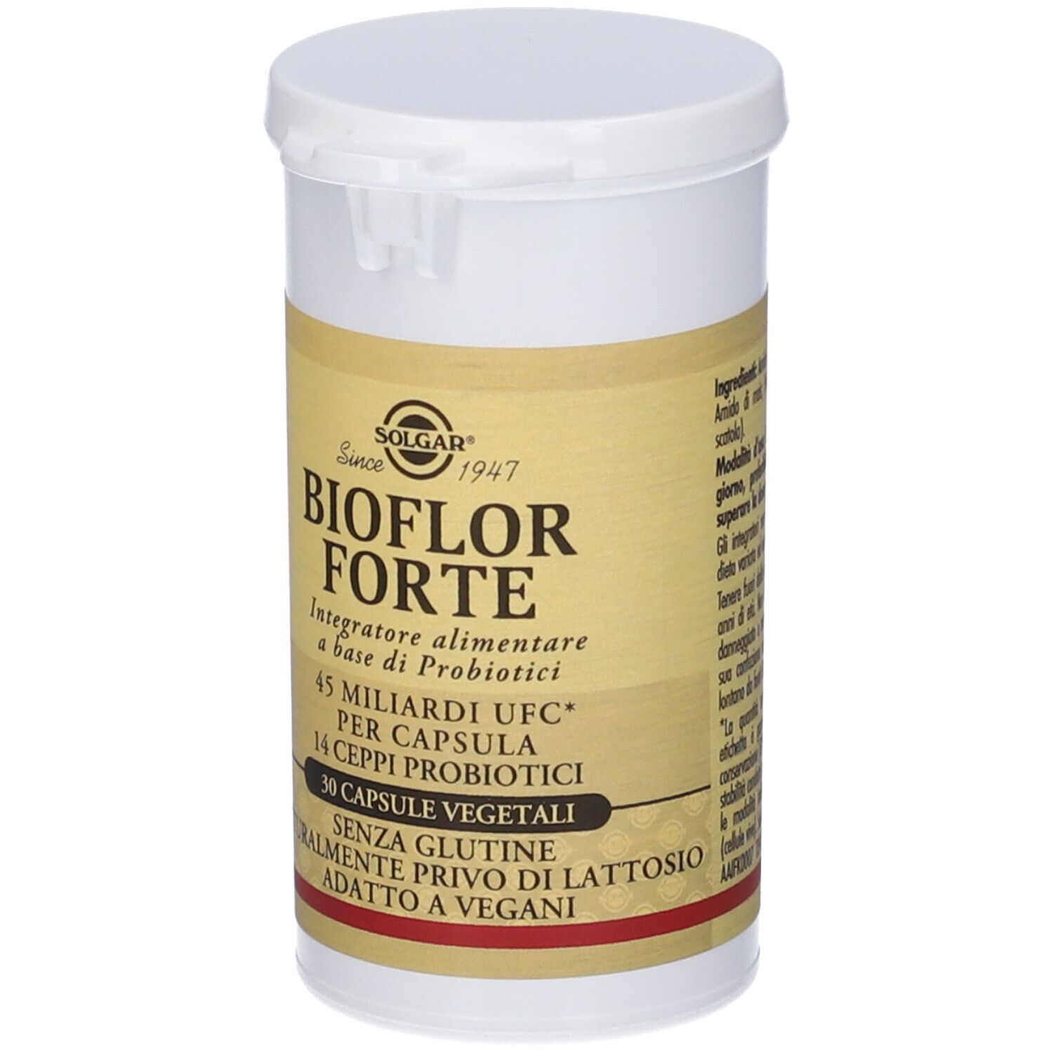 Contenitore bianco con coperchio. Scritta BIOFLOR FORTE, SOLGAR. Contiene 30 capsule. Senza glutine, senza lattosio, vegano.