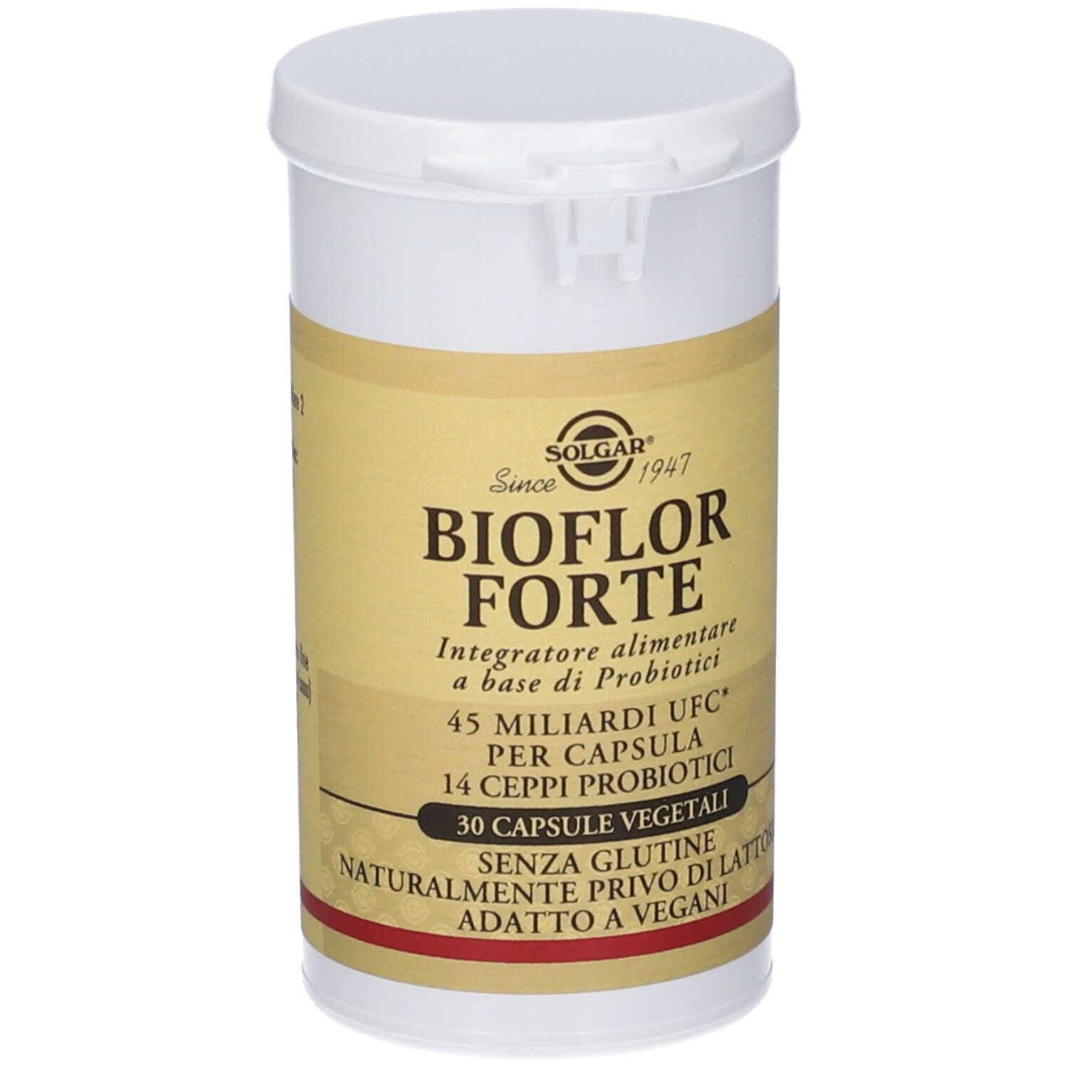 Contenitore bianco con coperchio. Scritta BIOFLOR FORTE, SOLGAR. Contiene 30 capsule. Senza glutine, senza lattosio, vegano.