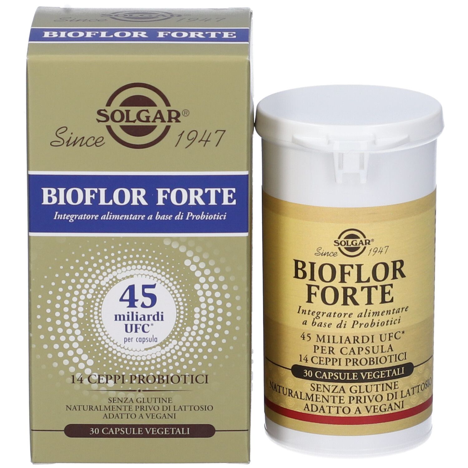 Confezione e contenitore. Scritta BIOFLOR FORTE, SOLGAR. Contiene 30 capsule. Senza glutine, senza lattosio, vegano.