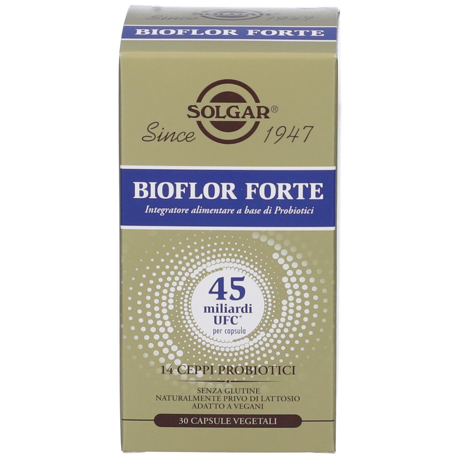 Confezione del prodotto. Scritta BIOFLOR FORTE, SOLGAR. Contiene 30 capsule. Senza glutine, senza lattosio, vegano.