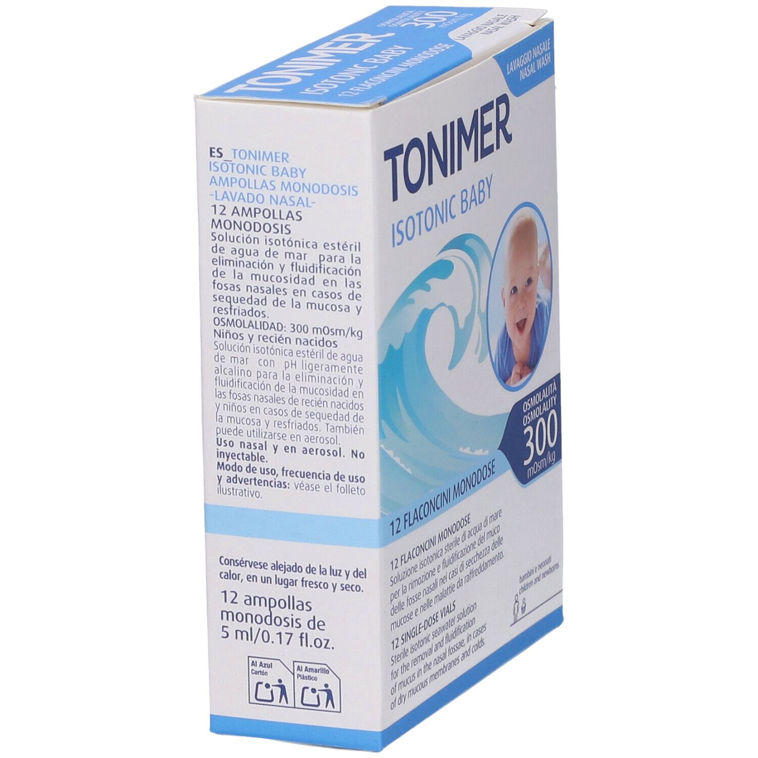 Vista angolata della confezione TONIMER ISOTONIC BABY. Nome prodotto, bambino, onde. 12 ampolle.