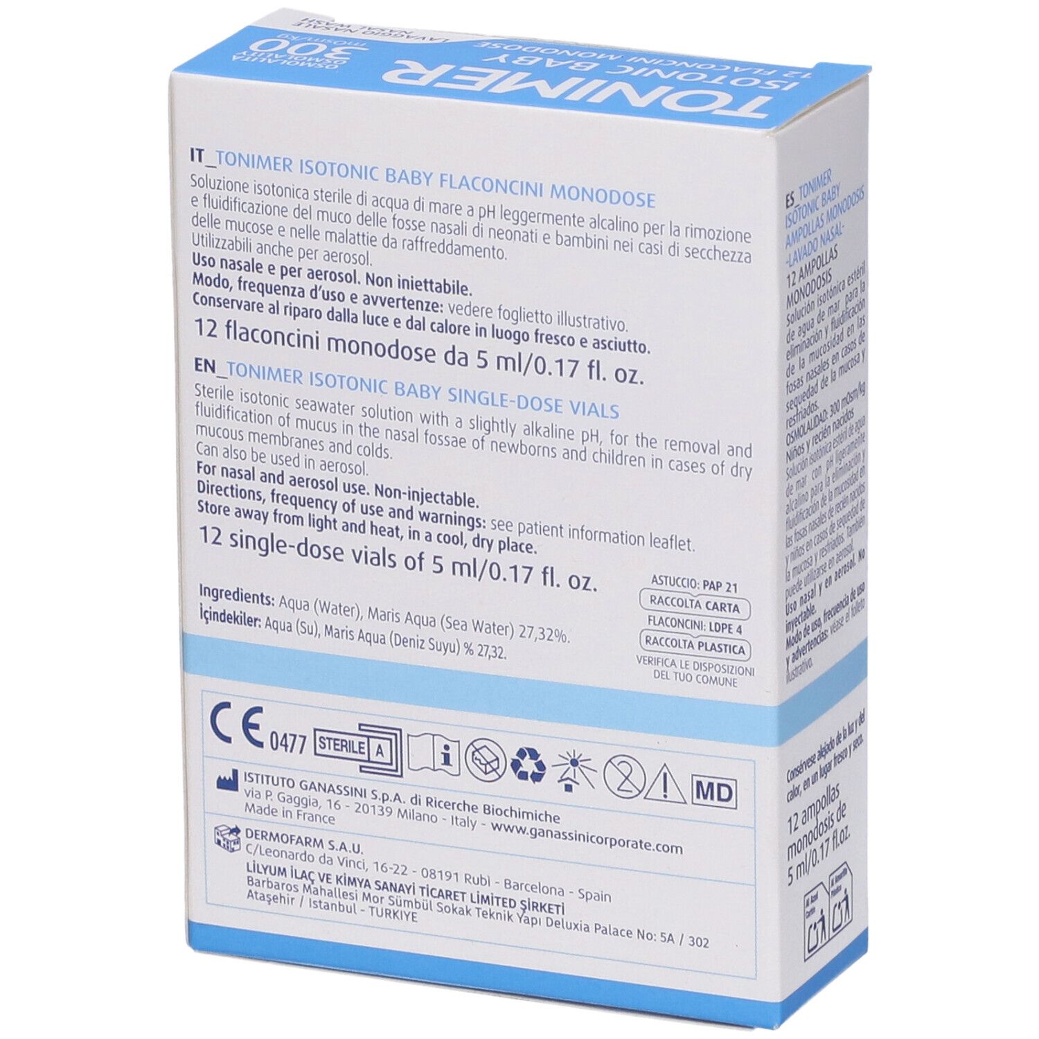 Retro della confezione TONIMER ISOTONIC BABY. Testo multilingue. Certificazioni mediche.