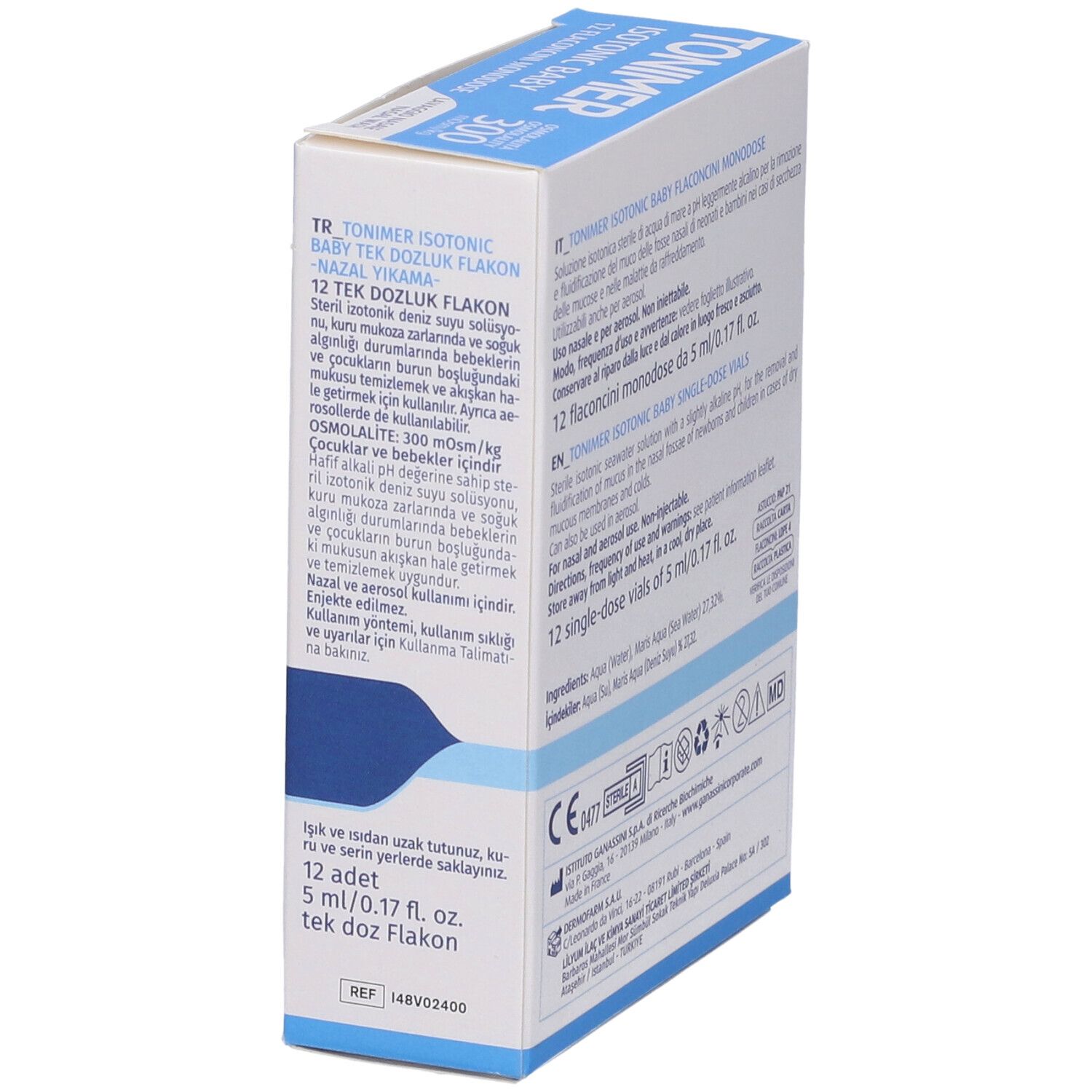 Vista laterale della confezione TONIMER ISOTONIC BABY. Testo in turco. 12 flaconi.