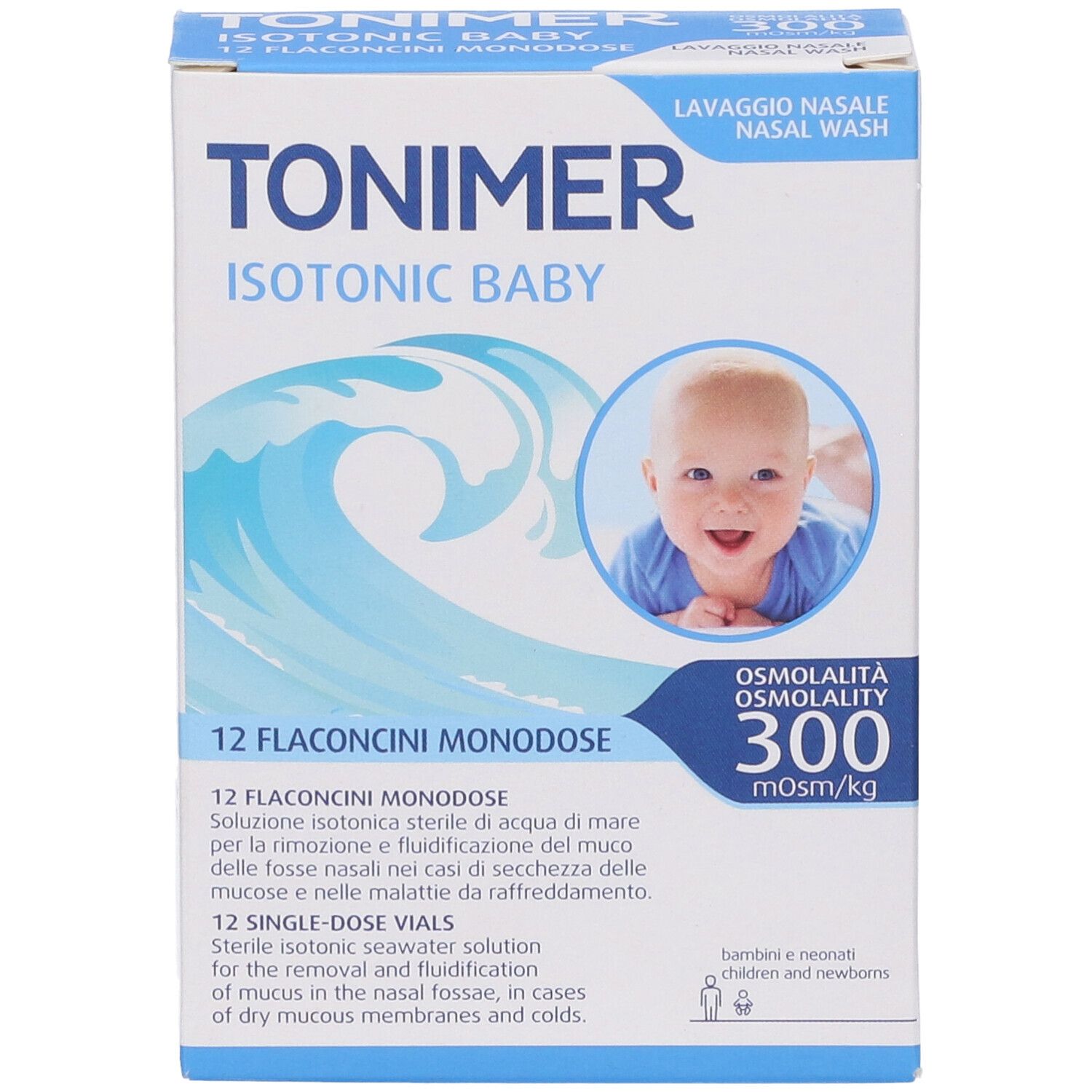 Vista frontale della confezione TONIMER ISOTONIC BABY. Nome prodotto, bambino, onde. 12 flaconi.
