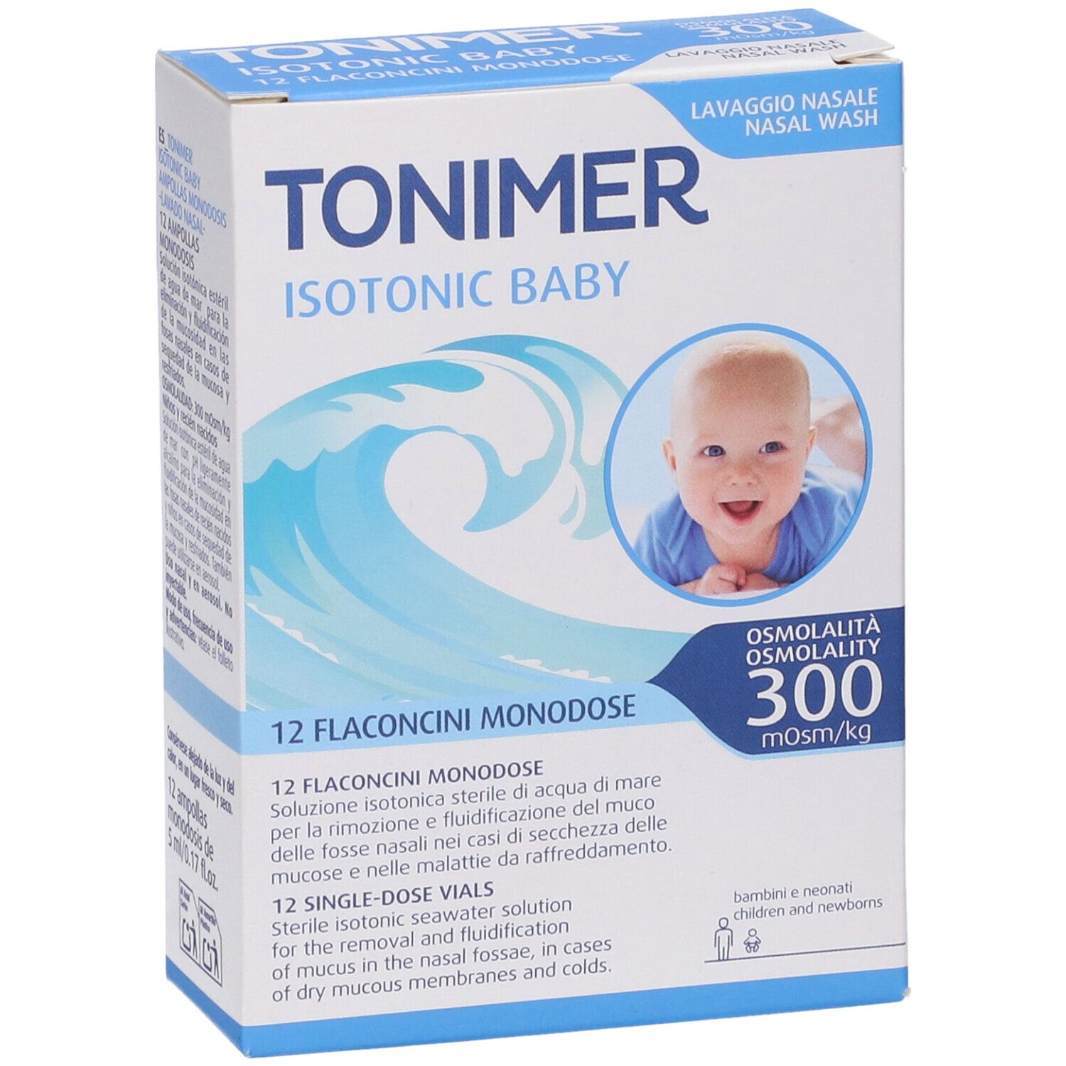 Vista frontale della confezione TONIMER ISOTONIC BABY. Nome prodotto, bambino, onde. 12 flaconi.