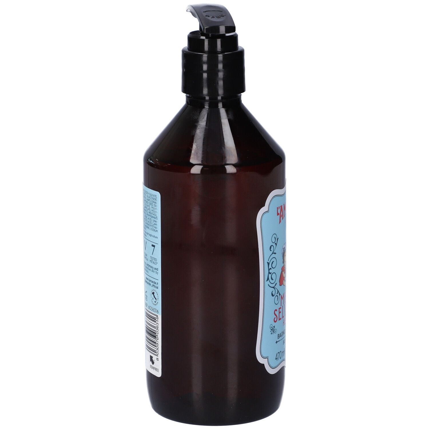 Lato di un flacone marrone con pompa ed etichetta L'Amande Bagno Di Un Tempo Menta Body Wash.
