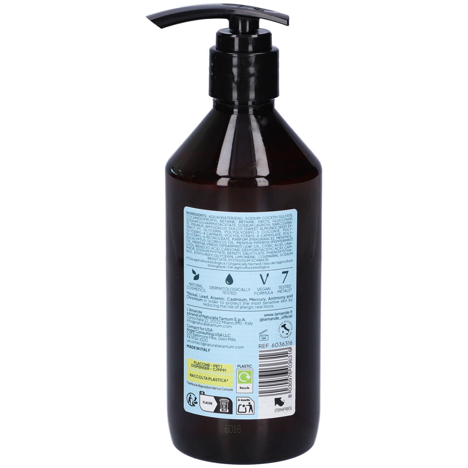 Retro di un flacone marrone con pompa, etichetta L'Amande Bagno Di Un Tempo Menta Body Wash e informazioni.