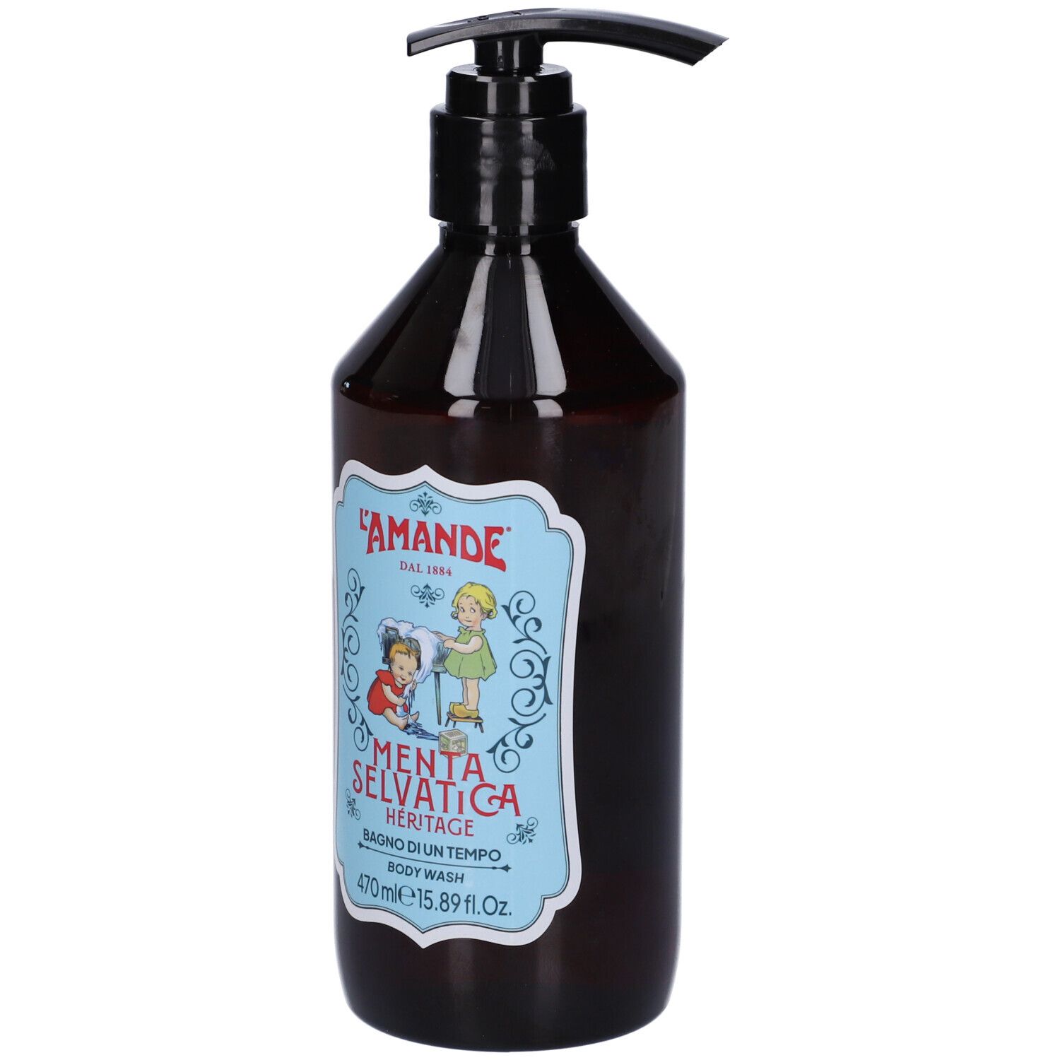 Flacone marrone con pompa ed etichetta L'Amande Bagno Di Un Tempo Menta Body Wash.