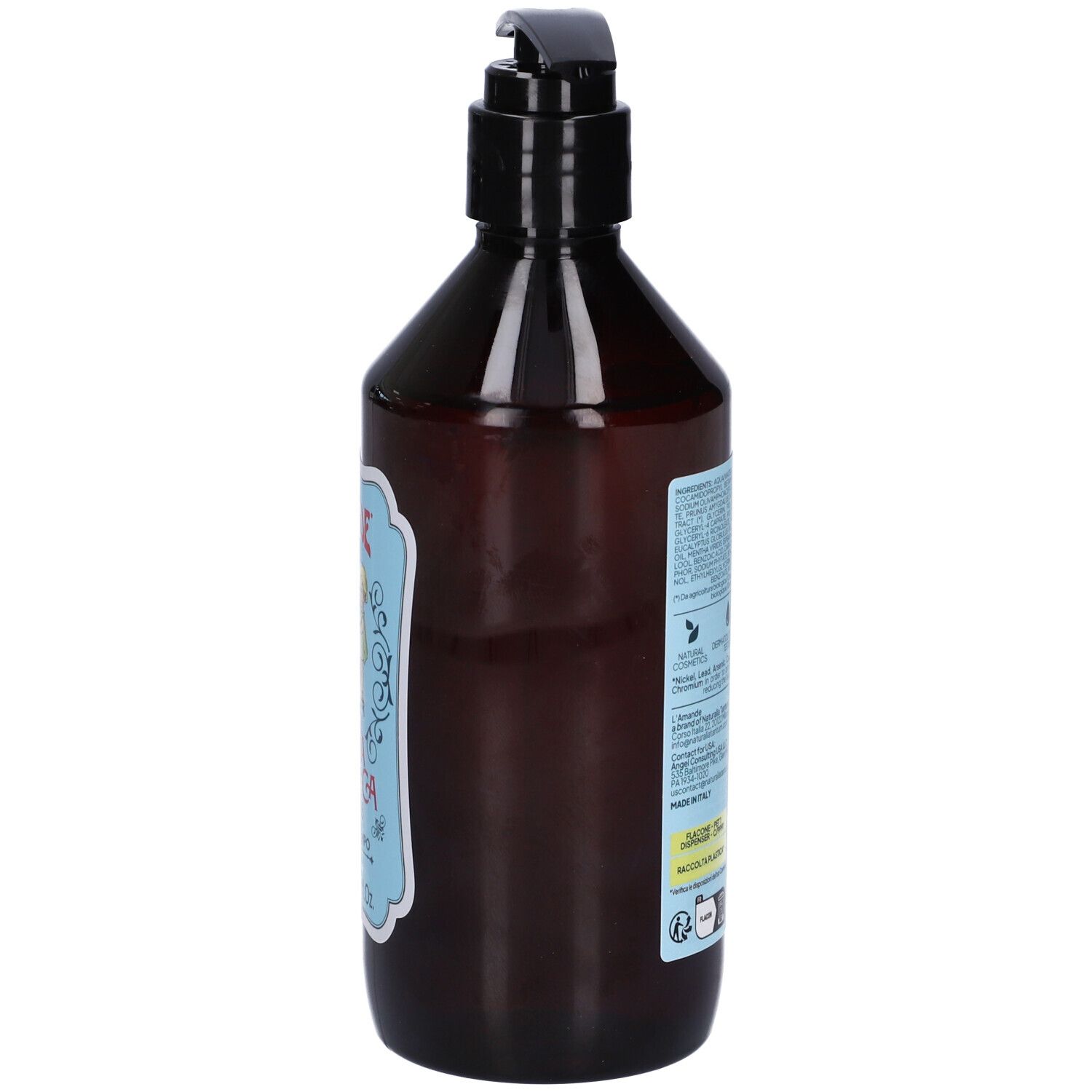 Lato di un flacone marrone con pompa ed etichetta L'Amande Bagno Di Un Tempo Menta Body Wash.