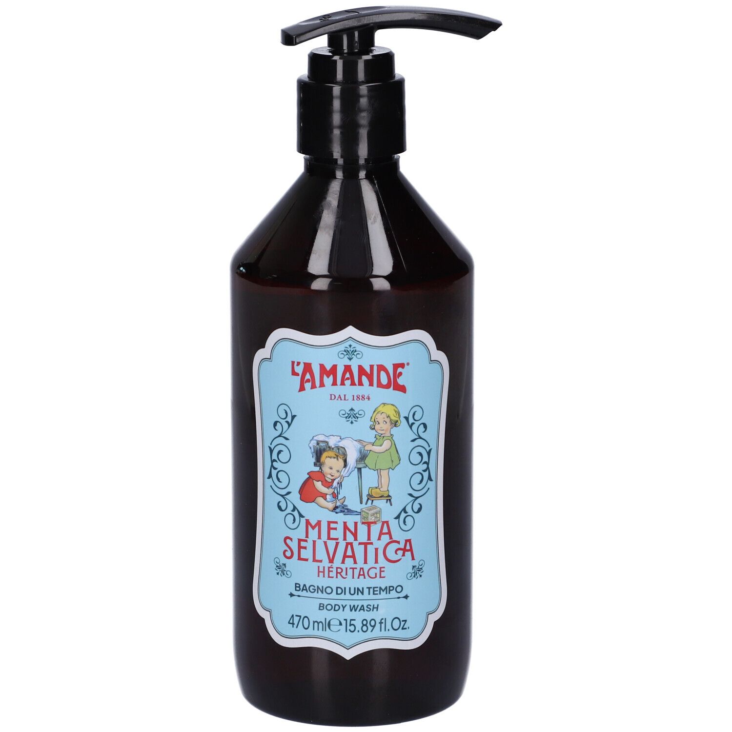Flacone marrone con pompa ed etichetta L'Amande Bagno Di Un Tempo Menta Body Wash.
