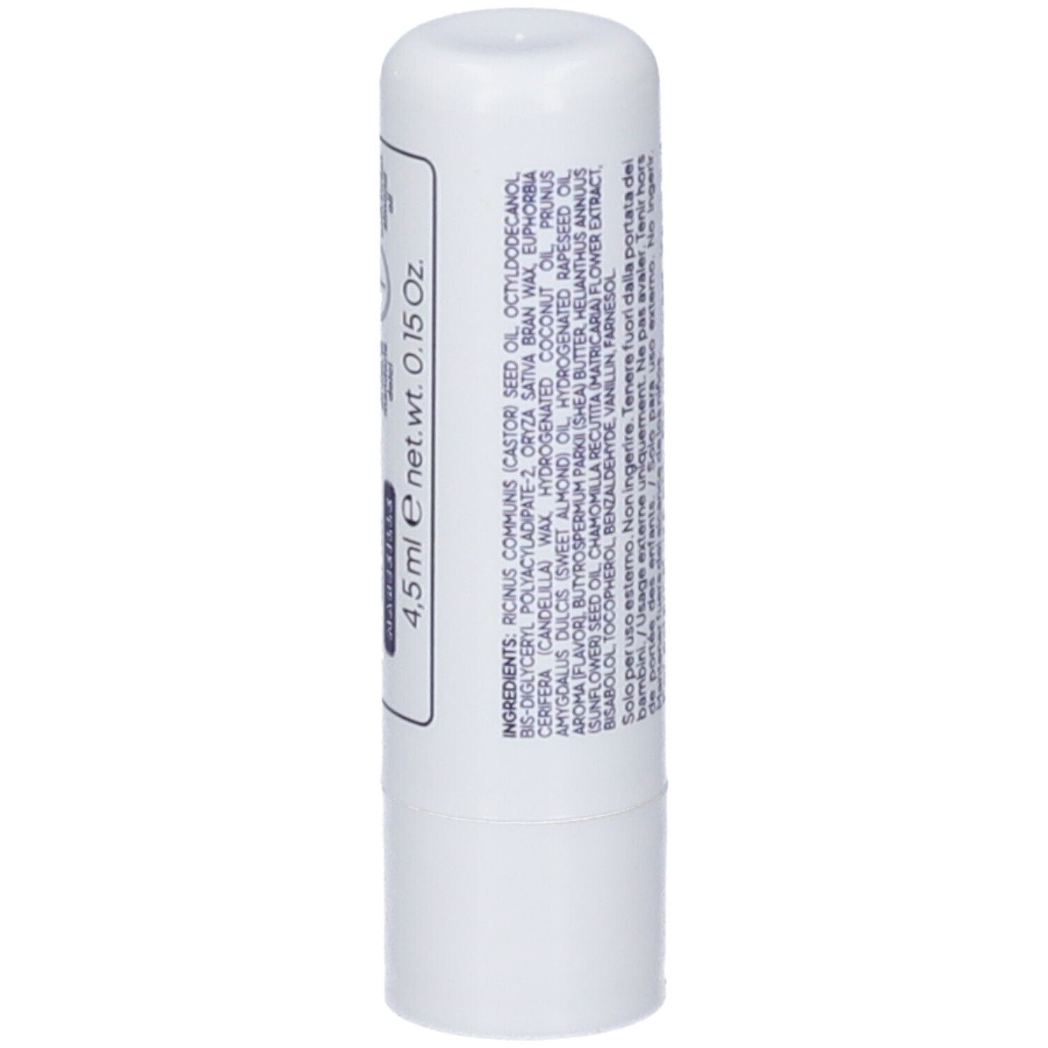 Confezione bianca per balsamo labbra con elenco ingredienti e indicazione di quantità 4,5ml / 0,15 Oz.