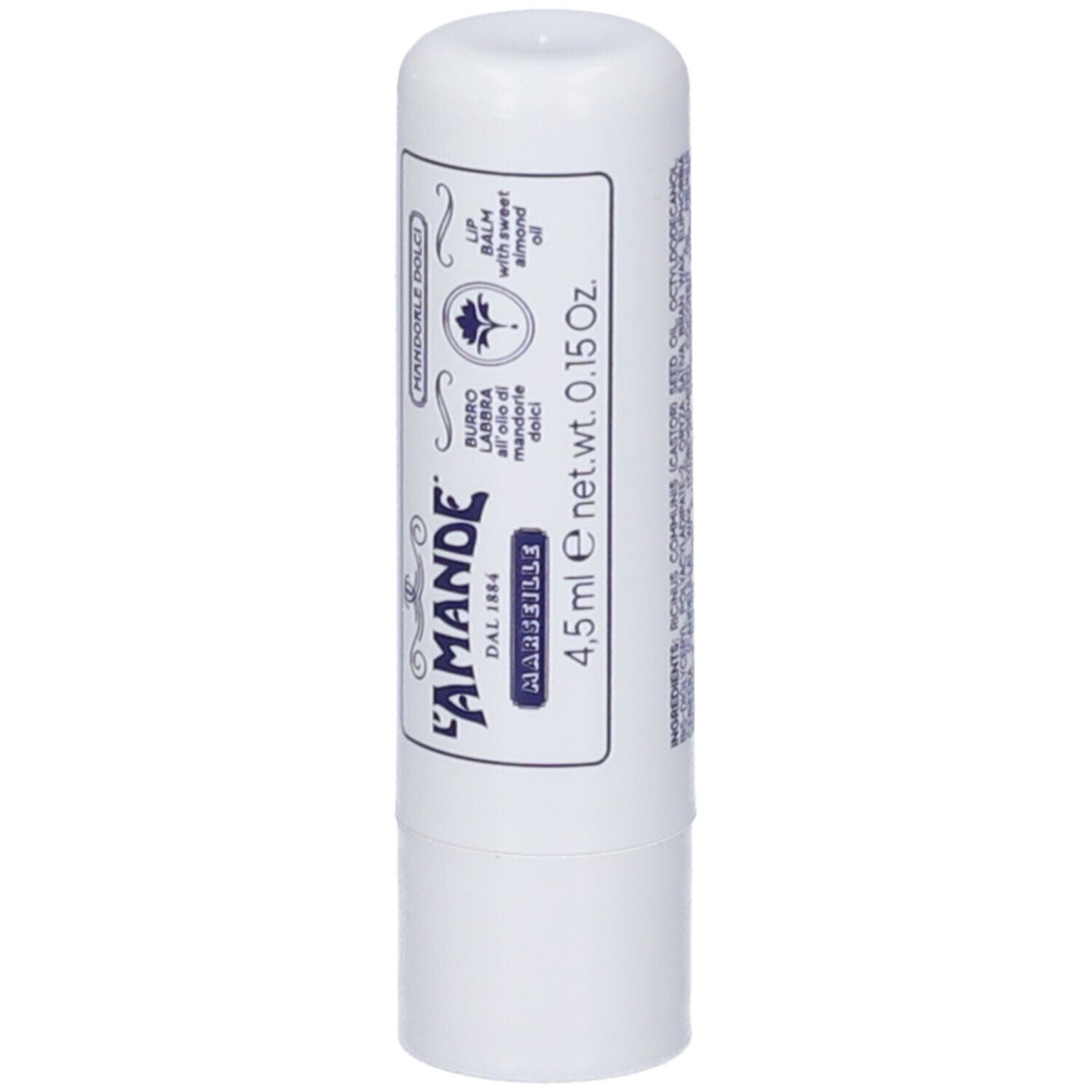 Confezione bianca per balsamo labbra con scritte "L'AMANDE", "Burro Labbra" e "Lip Balm with sweet Almond Oil".