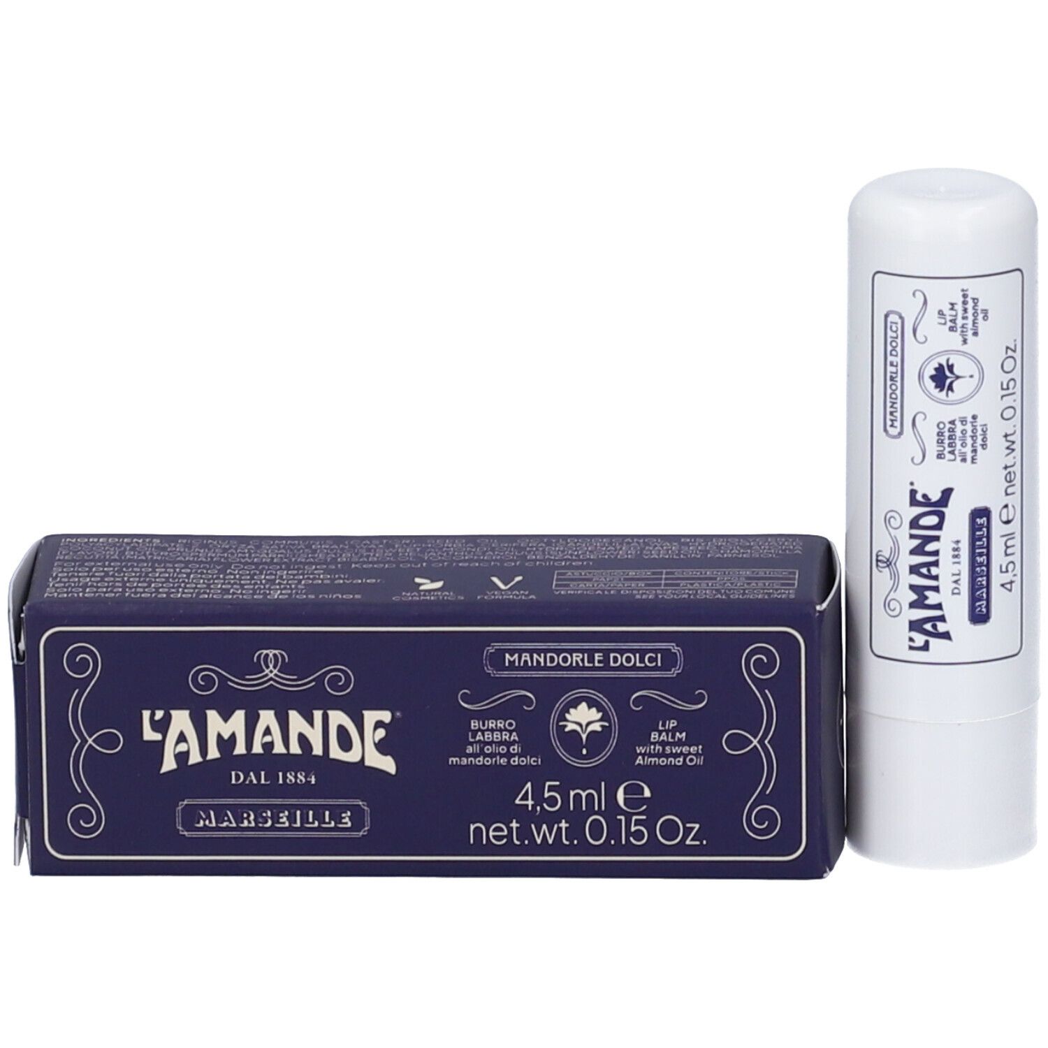 Stick e scatola balsamo labbra "L'AMANDE" con motivo mandorla, 4,5ml / 0,15 Oz.