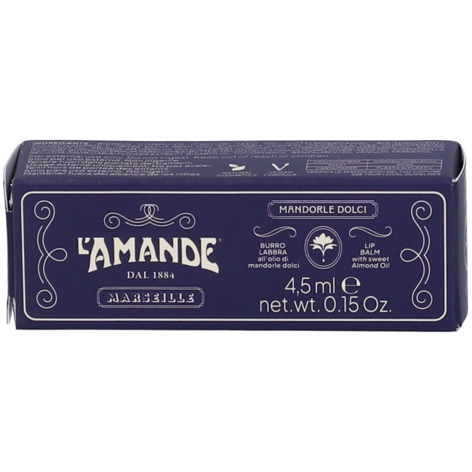 Scatola blu scuro per balsamo labbra "L'AMANDE" con motivo mandorla, 4,5ml / 0,15 Oz.