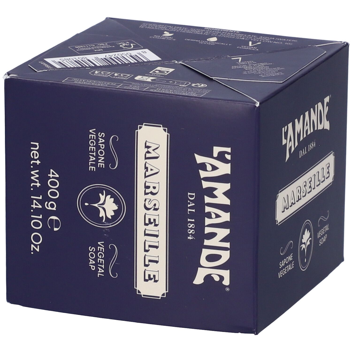 Scatola di sapone L'Amande Cubo Savon De Marseille, 400g.