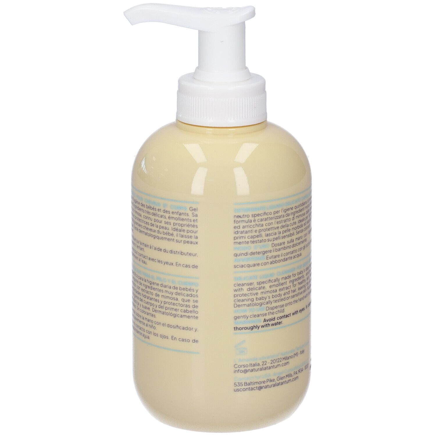 Flacone chiaro con dispenser bianco, riempito di liquido giallastro.
