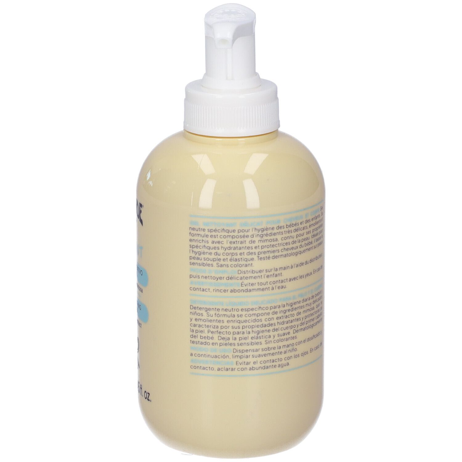Flacone giallo con dispenser a pompa bianco. Contiene testo sull'etichetta.