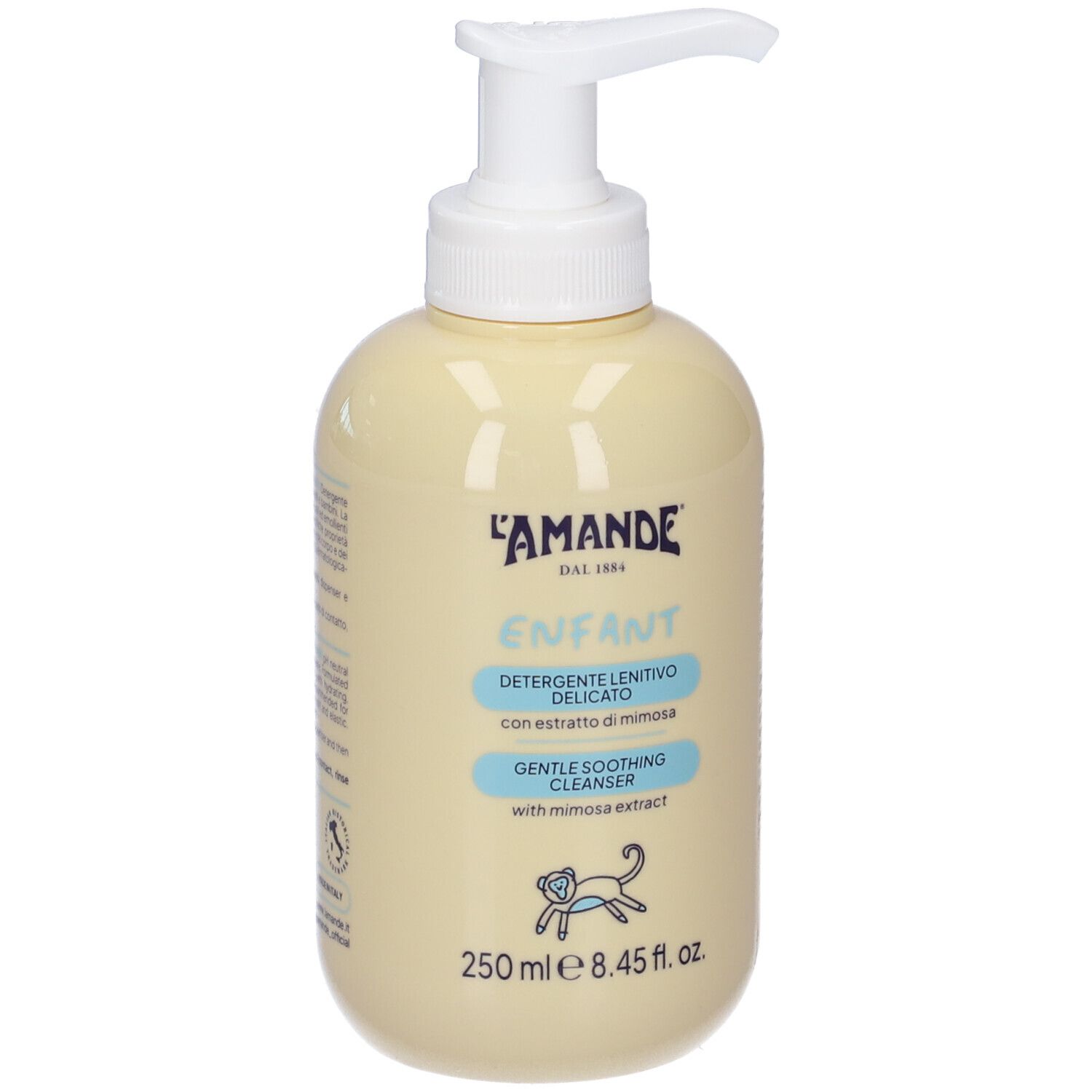 L'Amande Enfant: flacone giallo con dispenser bianco. Contiene 250 ml.