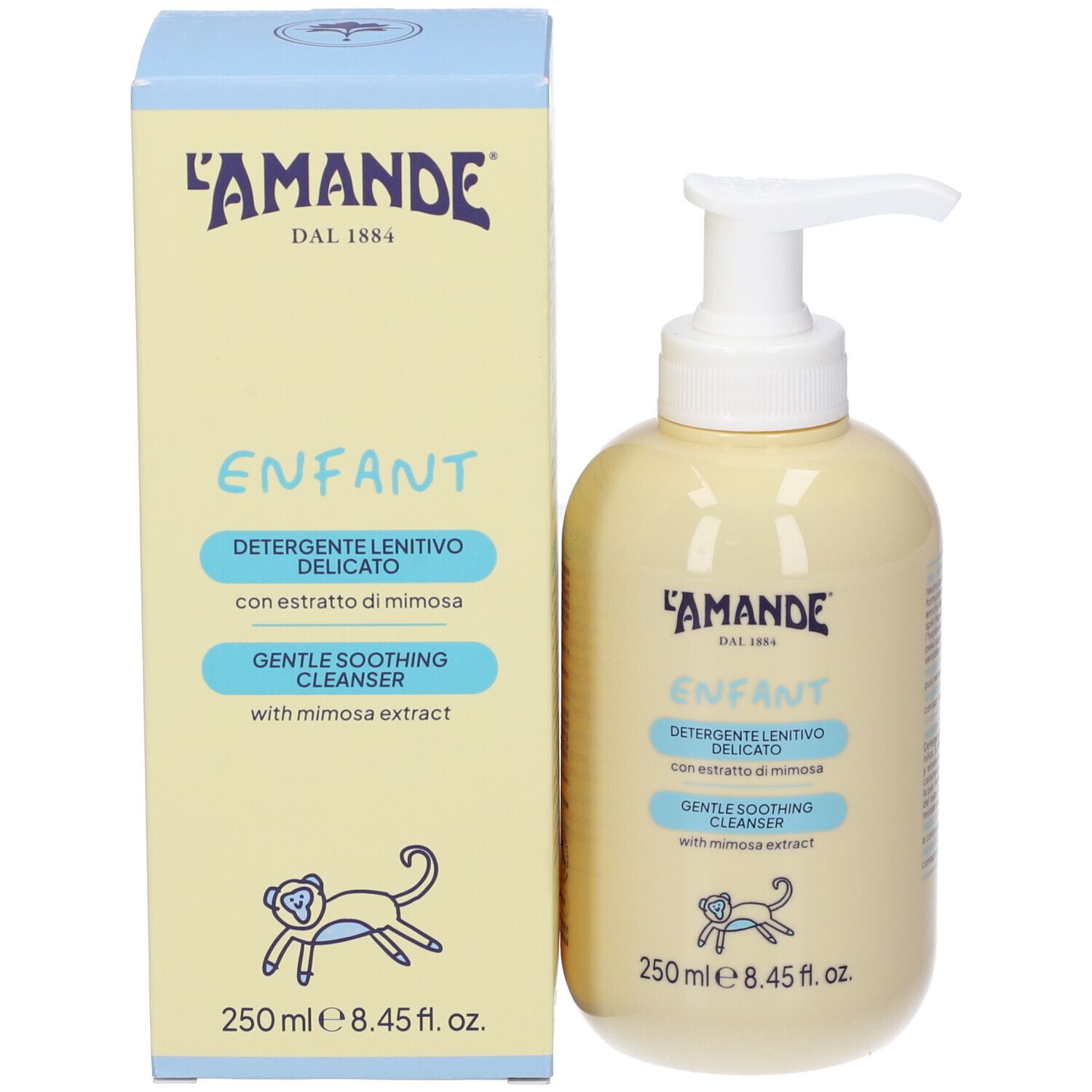 L'Amande Enfant detergente lenitivo delicato con estratto di mimosa, 250 ml. Flacone con pompa e scatola con disegno di scimmia.