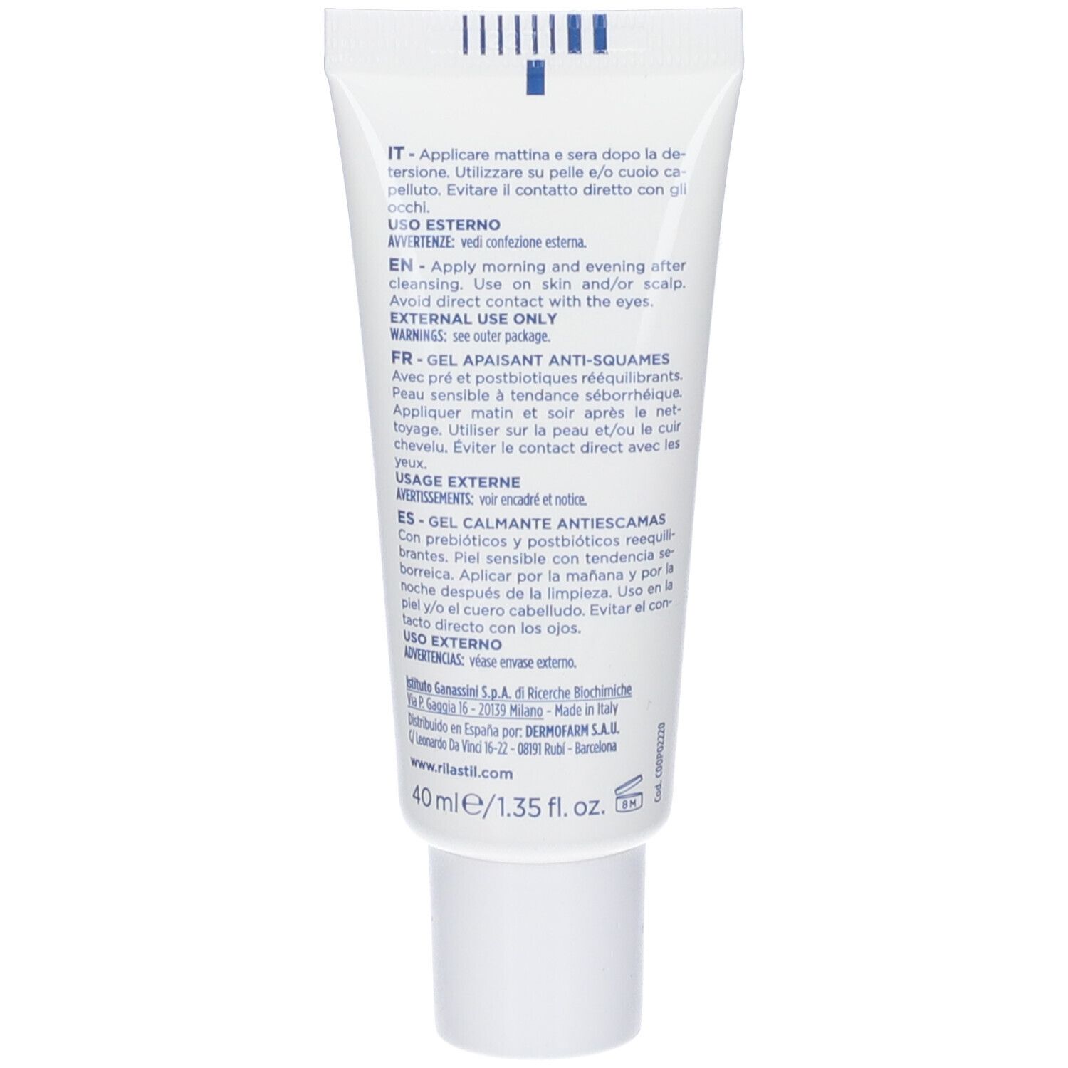 Retro del tubo con testo multilingue. Contiene istruzioni e ingredienti. Volume: 40 ml.