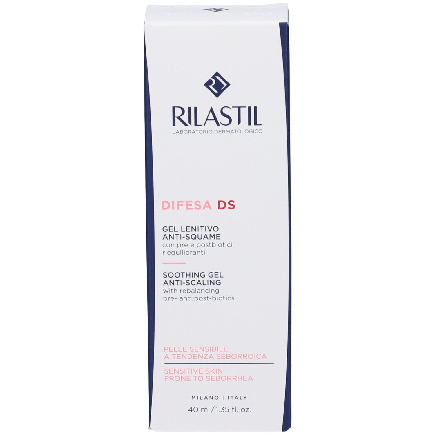Confezione bianca con logo Rilastil e nome del prodotto. Testo: DIFESA DS, Gel Lenitivo Anti-Squame.
