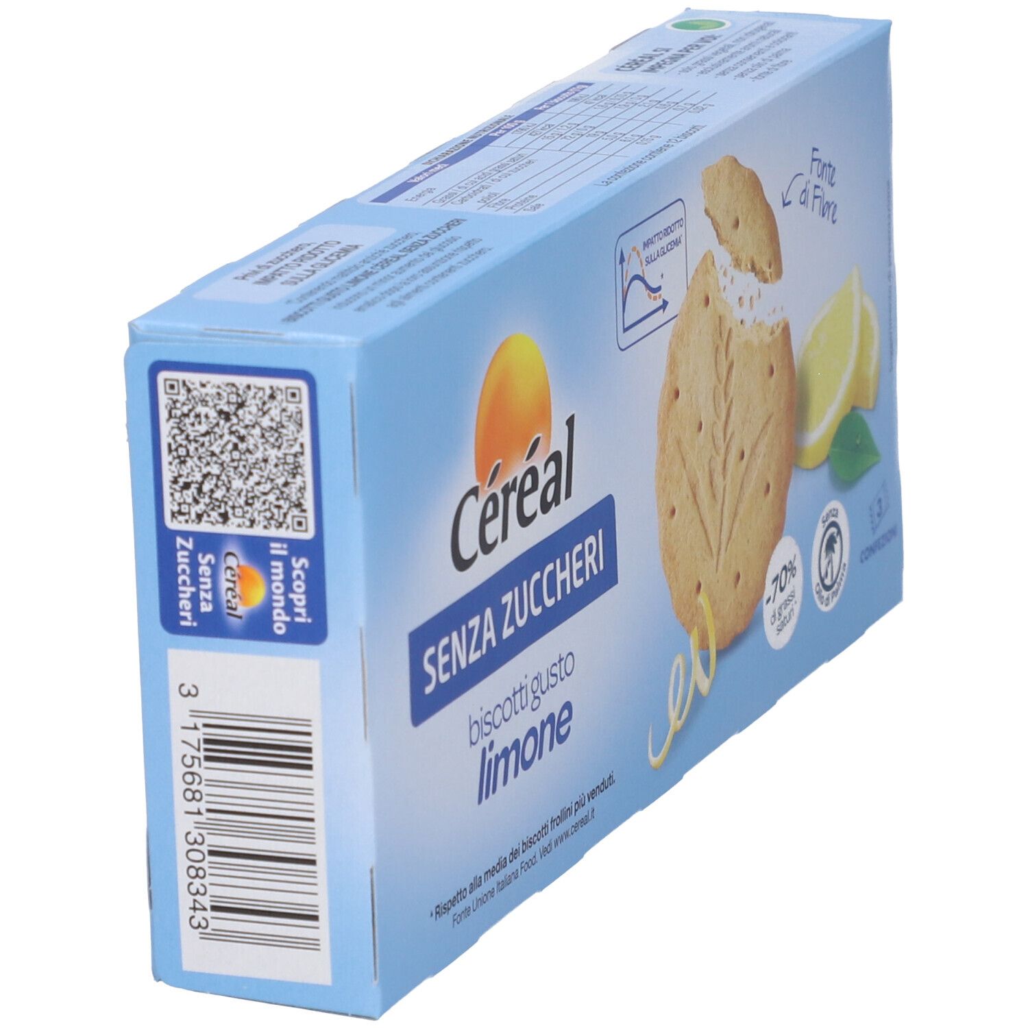 Scatola di biscotti Céréal in diagonale. Scritta: SENZA ZUCCHERI, biscotti gusto limone. Codice QR e codice a barre. Testo sul retro.