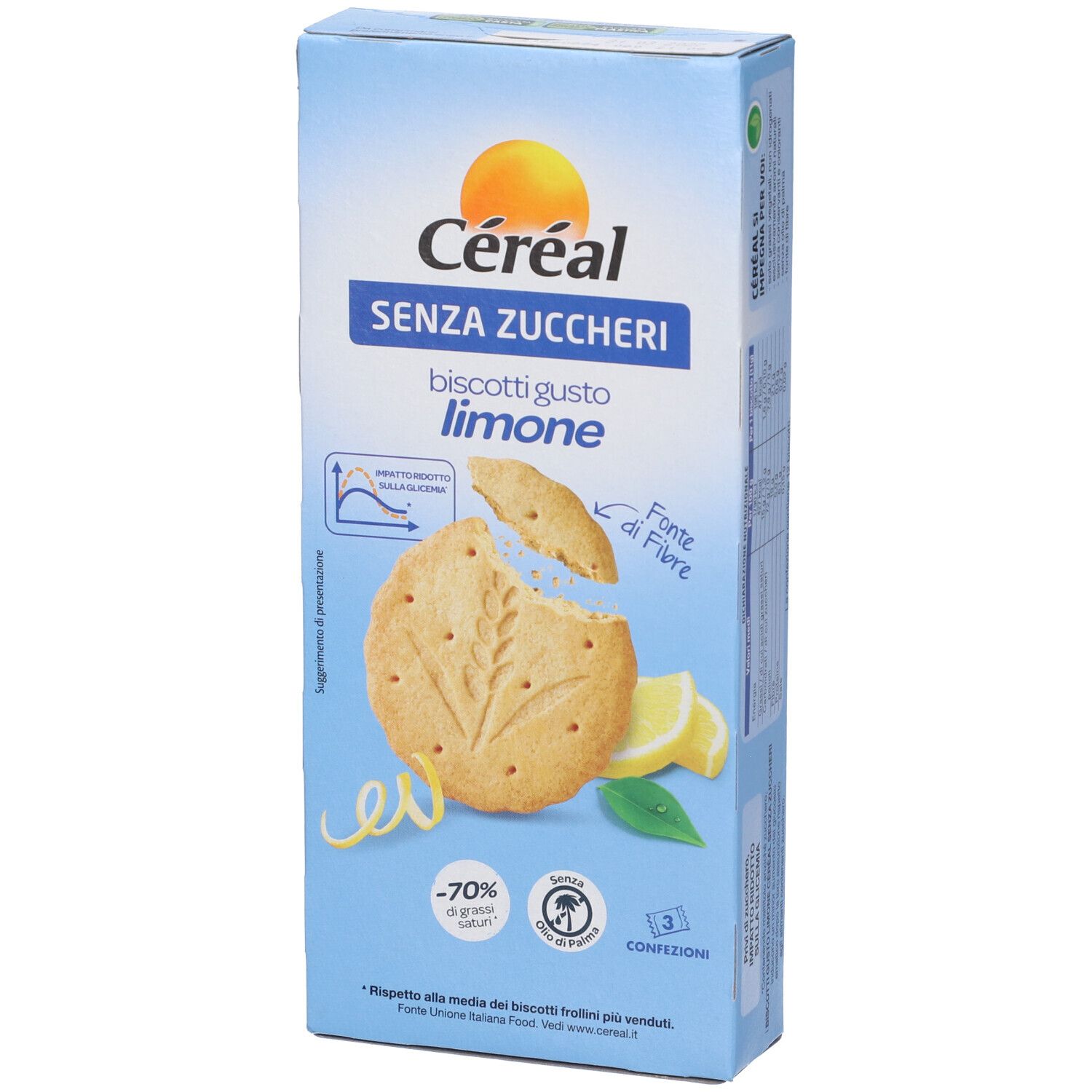 Scatola azzurra di biscotti Céréal. Scritta: SENZA ZUCCHERI, biscotti gusto limone. Immagine: biscotto con limone.