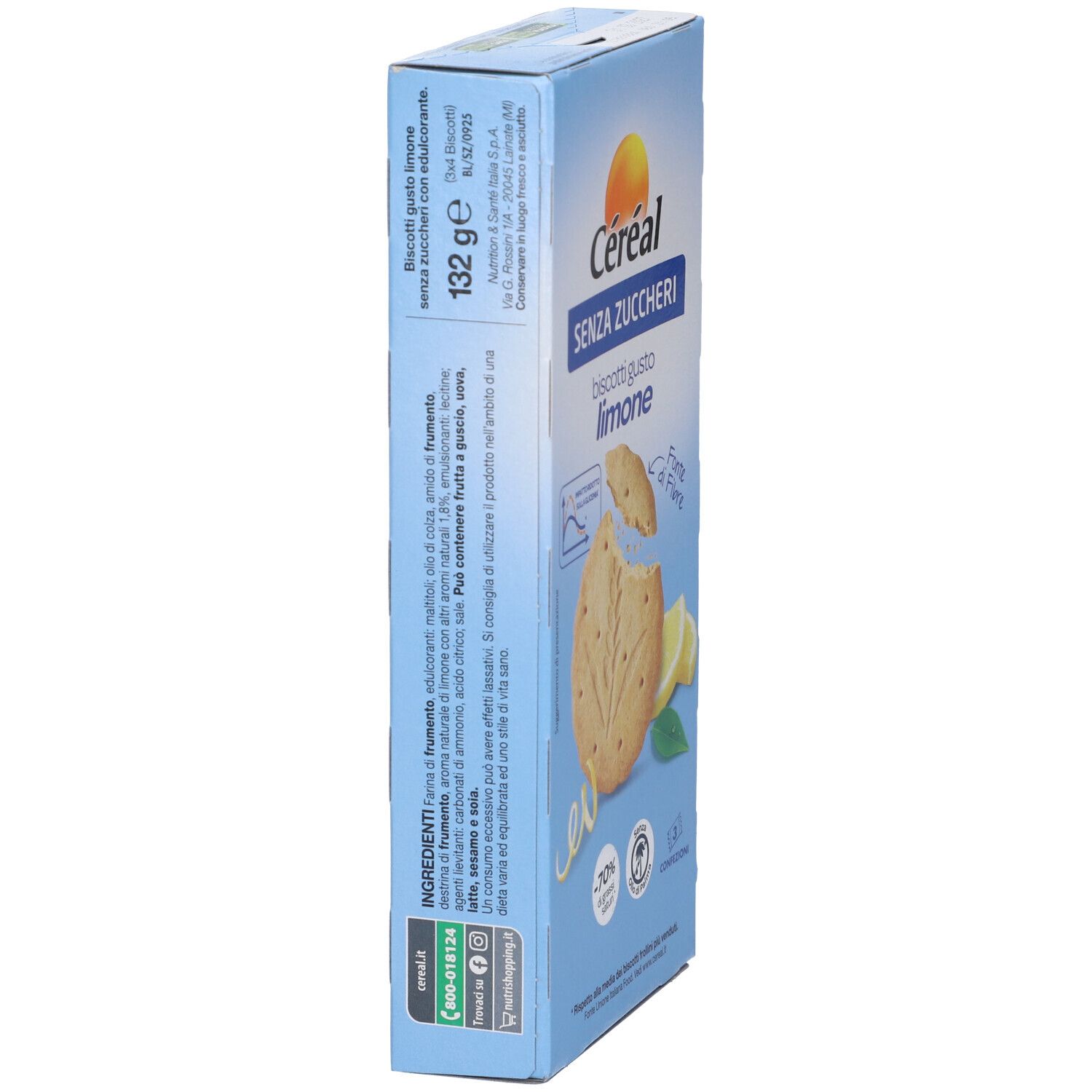 Scatola di biscotti Céréal in diagonale. Scritta: SENZA ZUCCHERI, biscotti gusto limone. Elenco ingredienti e informazioni nutrizionali.
