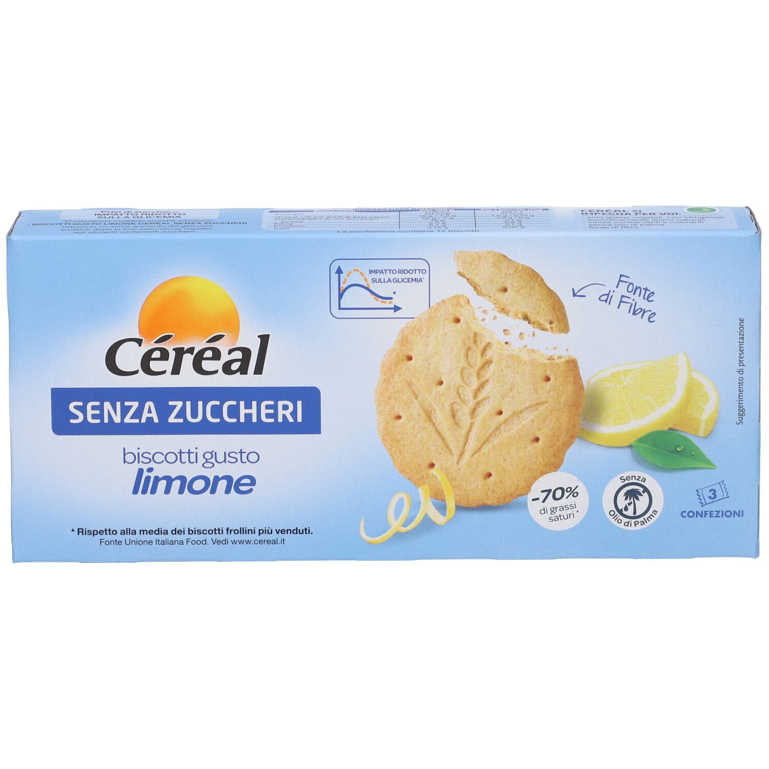 Scatola azzurra di biscotti Céréal. Scritta: SENZA ZUCCHERI, biscotti gusto limone. Immagine: biscotto con limone.