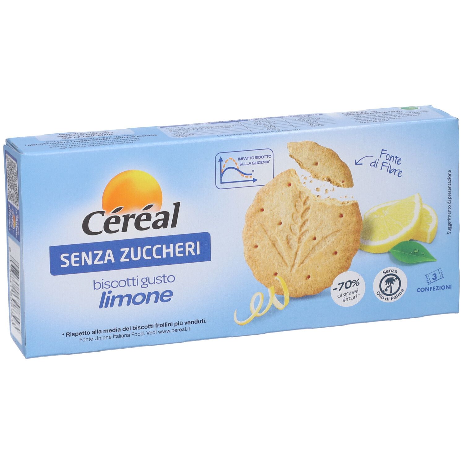 Scatola azzurra di biscotti Céréal. Scritta: SENZA ZUCCHERI, biscotti gusto limone. Immagine: biscotto con limone.