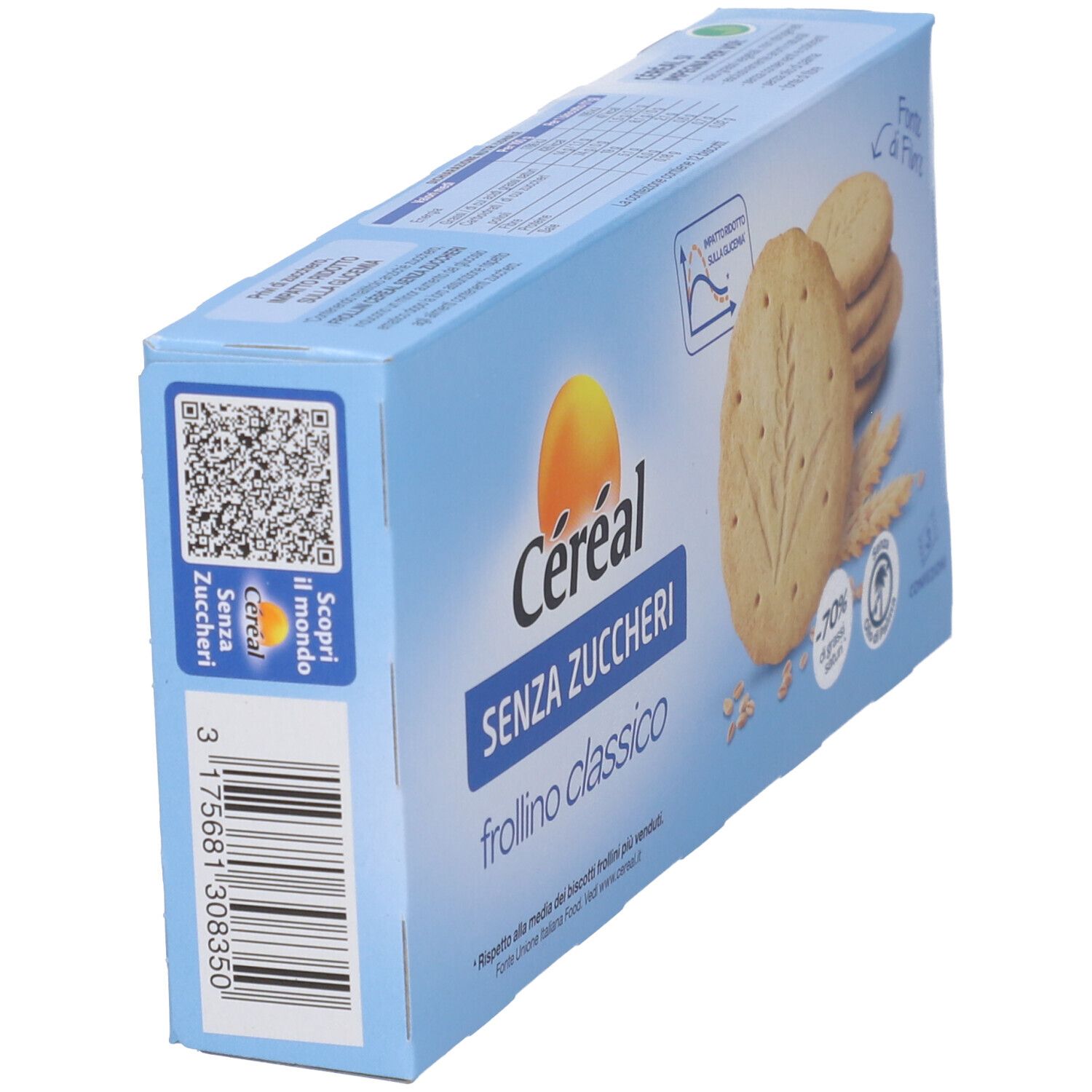 Vista laterale della confezione di biscotti Cereál Senza Zuccheri Frollino Classico con codice a barre e QR code.