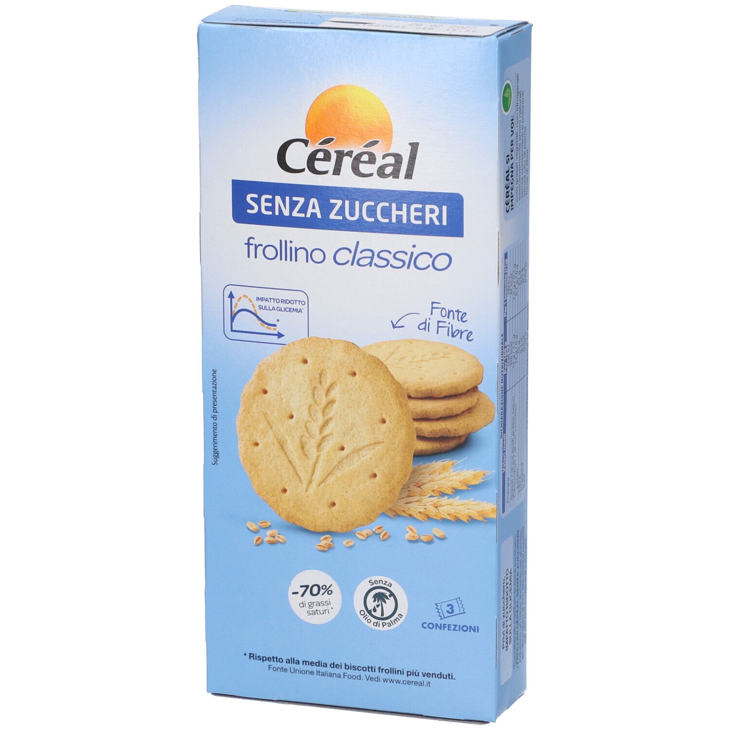 Biscotti Cereál Senza Zuccheri Frollino Classico su confezione azzurra, focus sui biscotti e informazioni nutrizionali.
