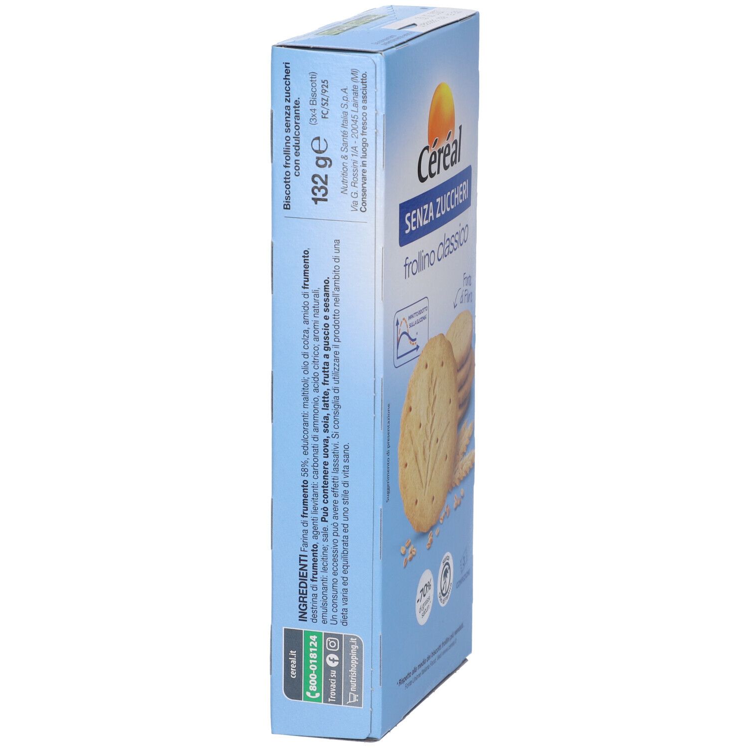 Retro della confezione di biscotti Cereál Senza Zuccheri Frollino Classico con informazioni dettagliate sugli ingredienti.